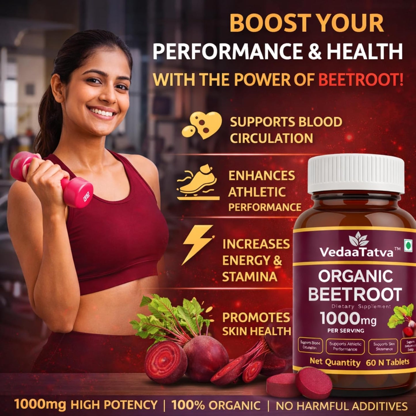 Woman lifting weights with a bottle of VedaaTatva Organic Beetroot supplement in a gym setting.