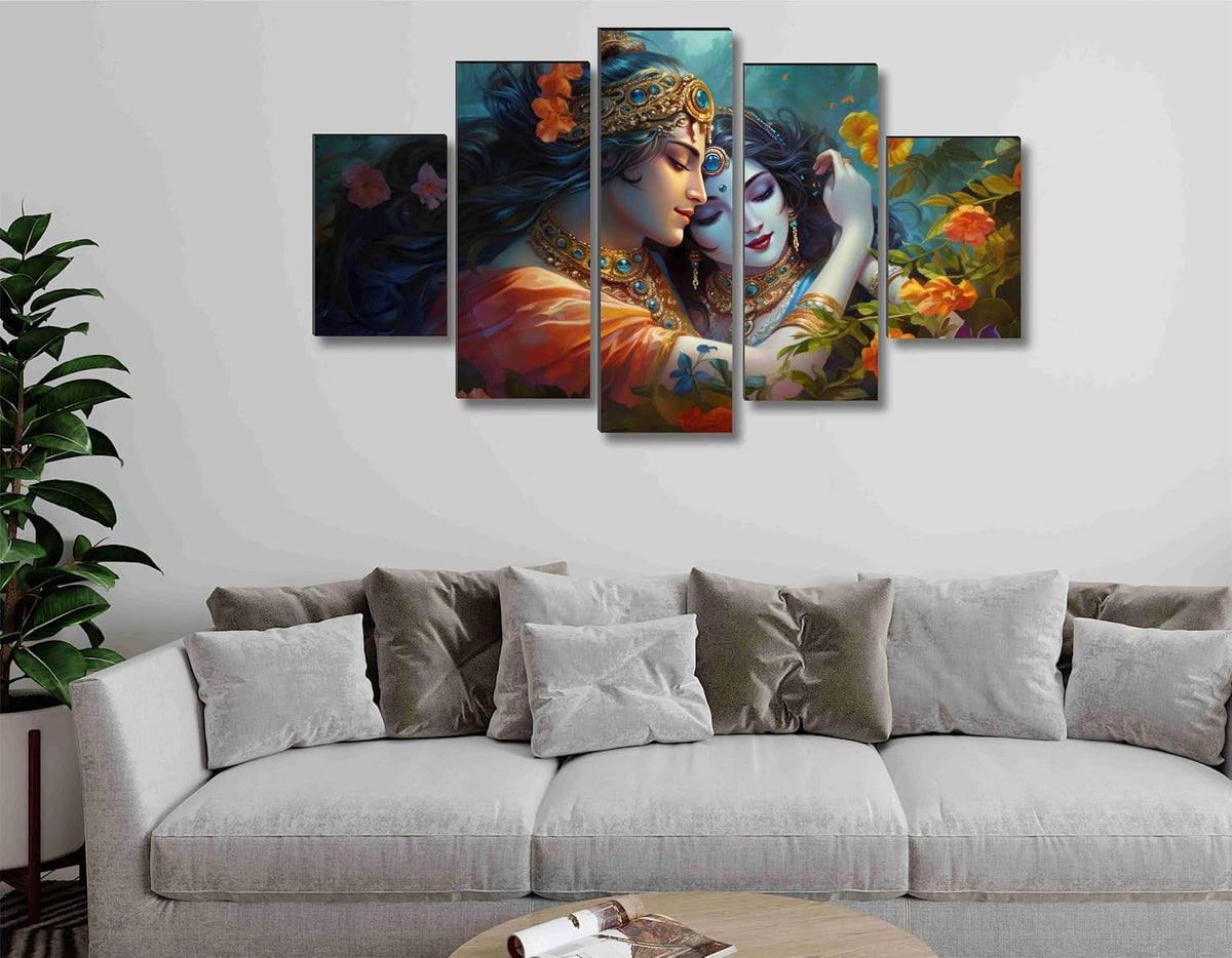 Radha krishna Paintings for Living Room | Painting for Wall Decoration | 3D Wall Art for Bedroom | Radha krishna Religious Wall Painting Set of 5 (75 x 45 cms) SANFPNLS35496
