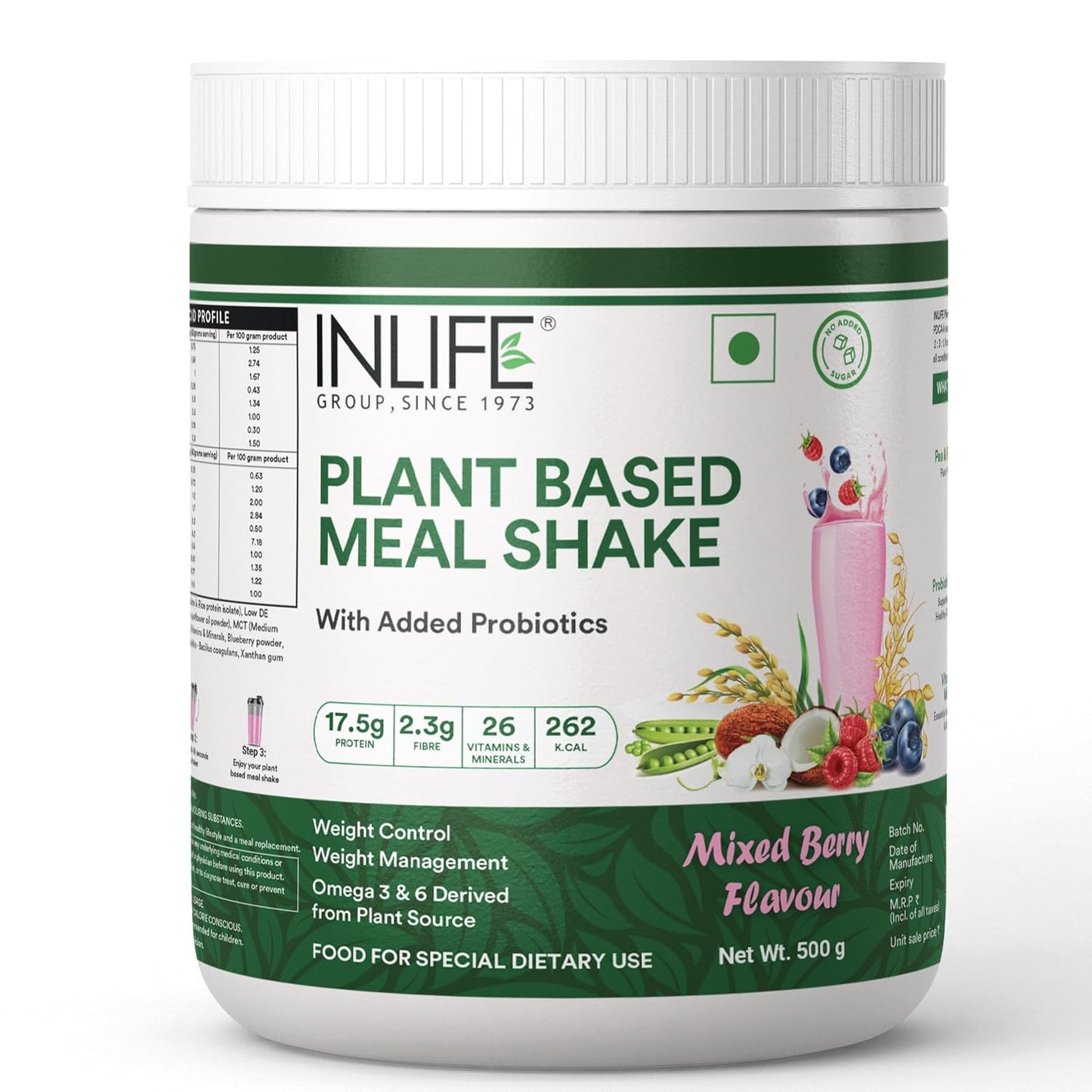 INLIFE Plant Based Meal Replacement Shake | Plant Protein Powder (17.5 Protein) No added Sugar, Lactose Free | Added Probiotics, 500g (Mixed Berry)