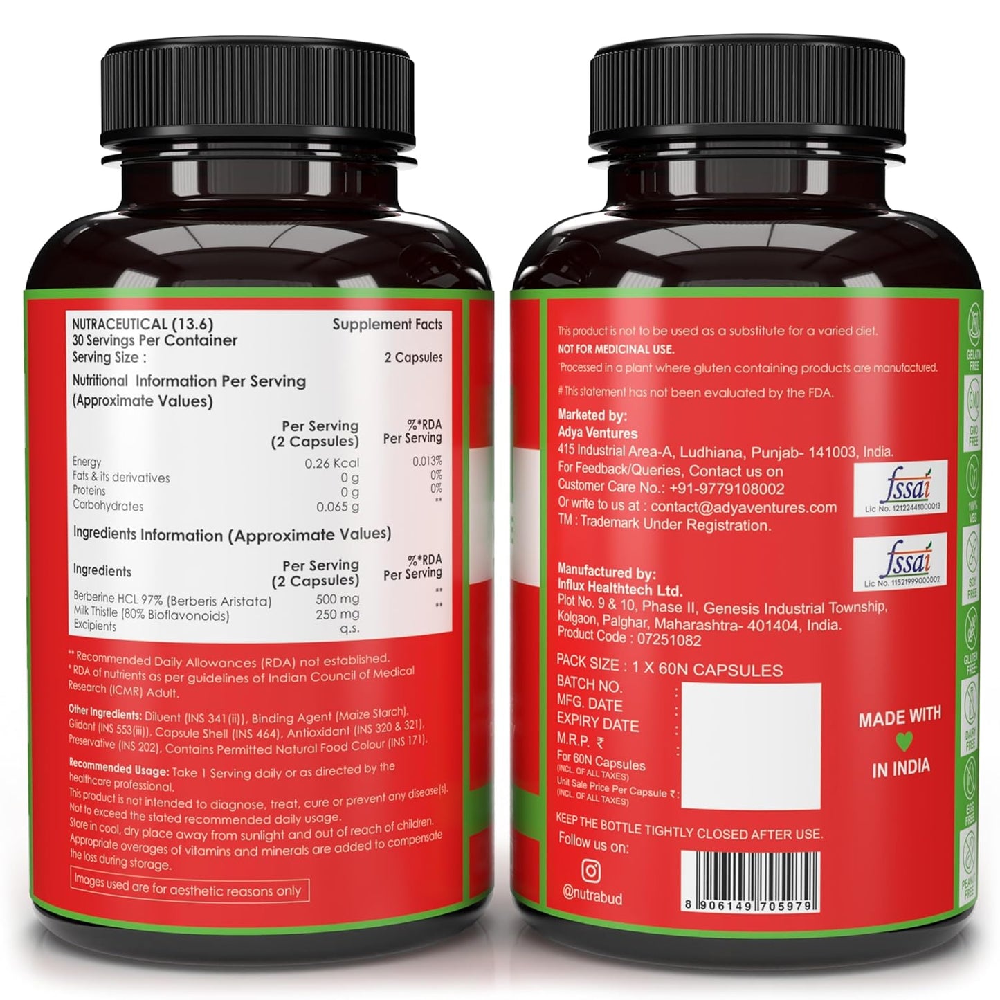 Nutrabud Berberine 500mg with Milk Thistle Supplement - Berberis Aristata Berberine HCL 97% - 60 Veg Capsules (60 Count (Pack of 1))