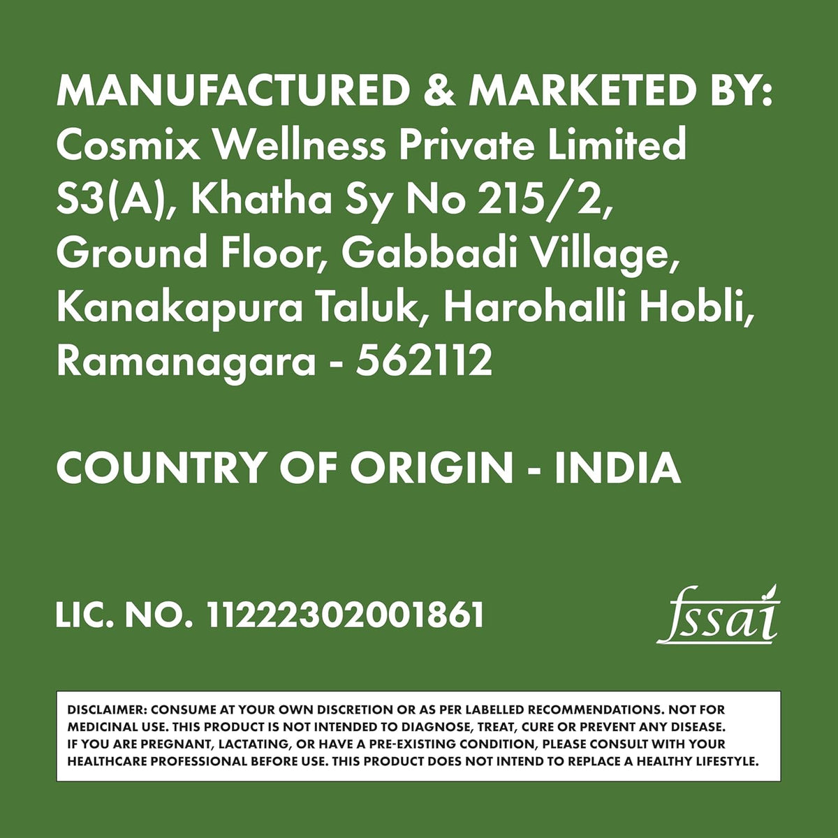 Text on a green background with product details and FSSAI logo.
