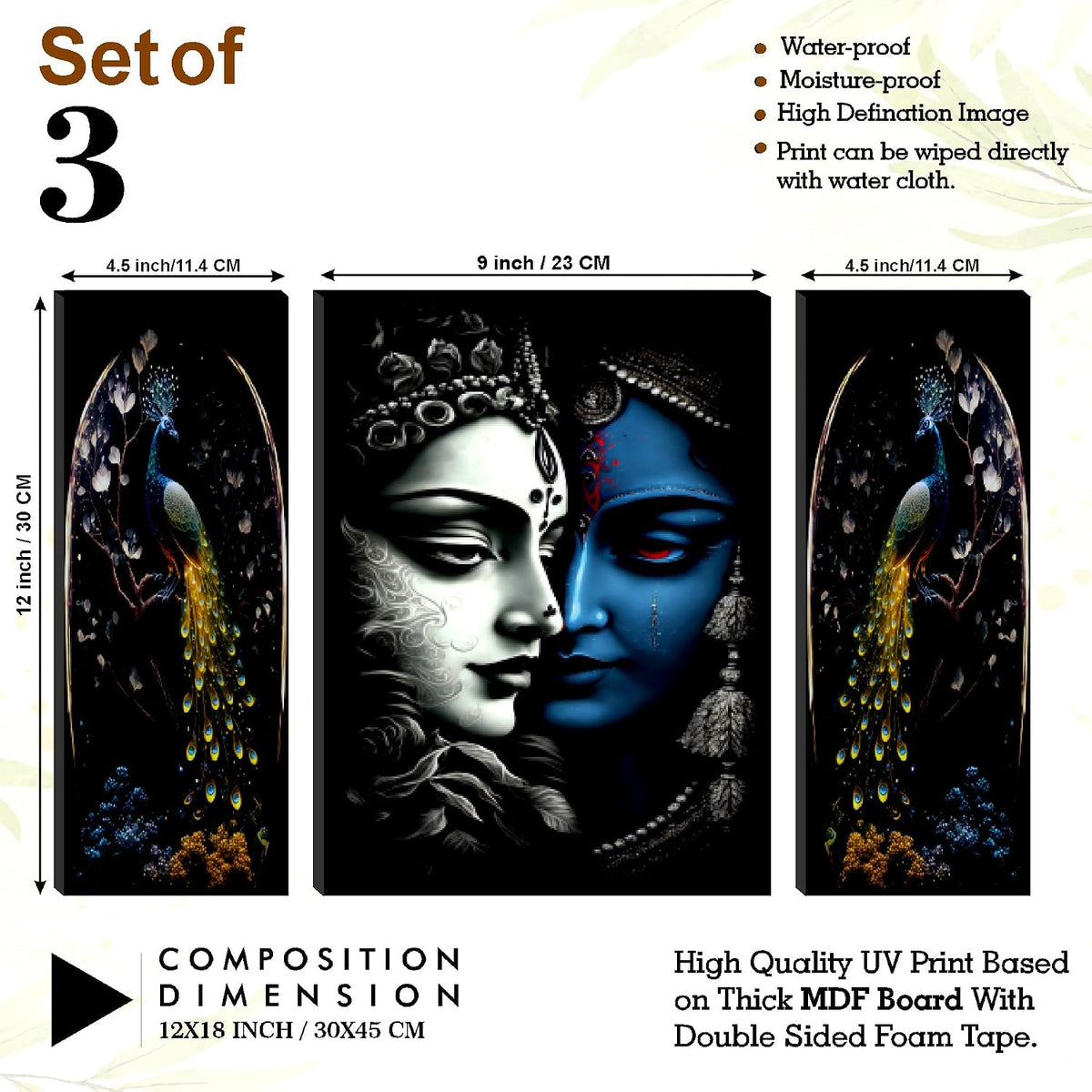 Radha Krishna & Peacock Wall Art – Set of 3 UV-Printed Panels | Spiritual Décor for Living Room, Bedroom & Pooja Room (20 Inch x 12 Inch) JM-35284
