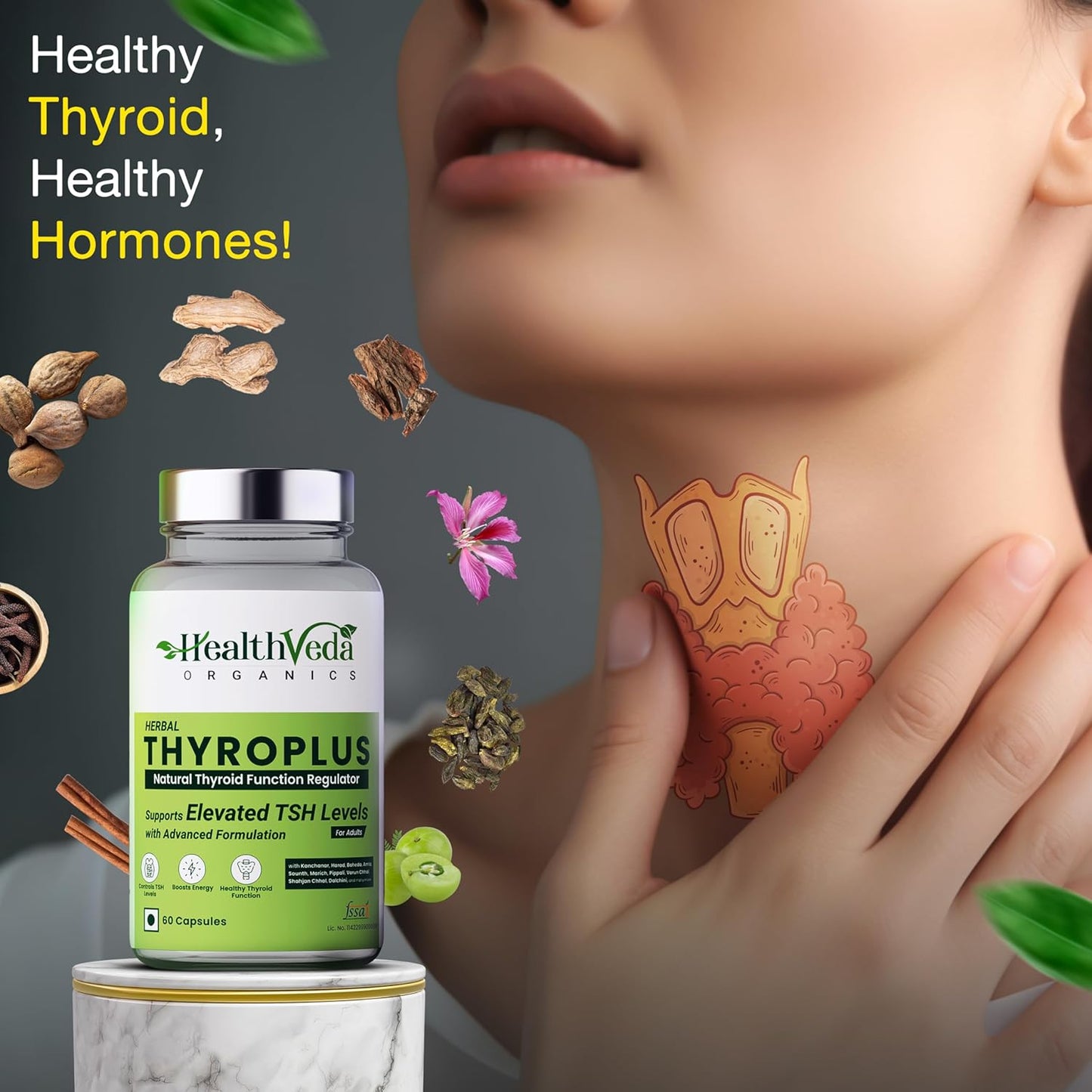 Zephivo Health Veda Organics Thyroplus Supplement - Rapid Action Formula – Kanchanar - Harad - Baheda - Amla-Sounth - Supports Thyroid Health –Healthy Cellular Metabolism - 60 Capsules