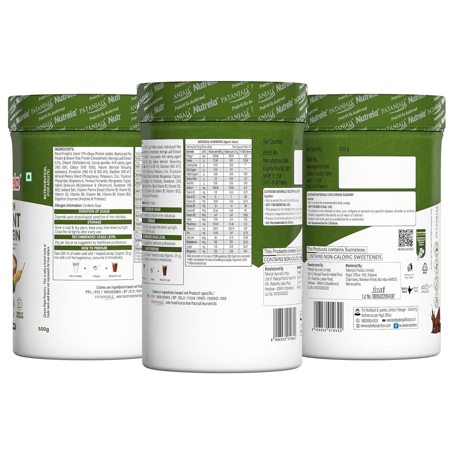 Nutrela Green Plant protein Powder - 500g (Chocolate) | Brown Rice & Pea with Multivitamins & Minerals
