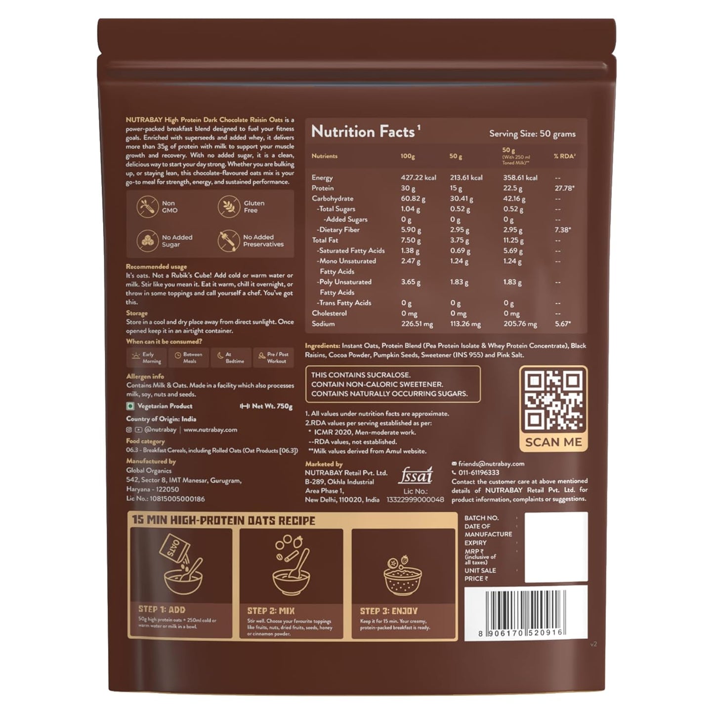 Nutrabay High Protein Oats - 750g, Dark Chocolate Raisin | 30g Highest Protein Oats Ever with Whey Protein Concentrate & Pea Protein Isolate | Zero Added Sugar
