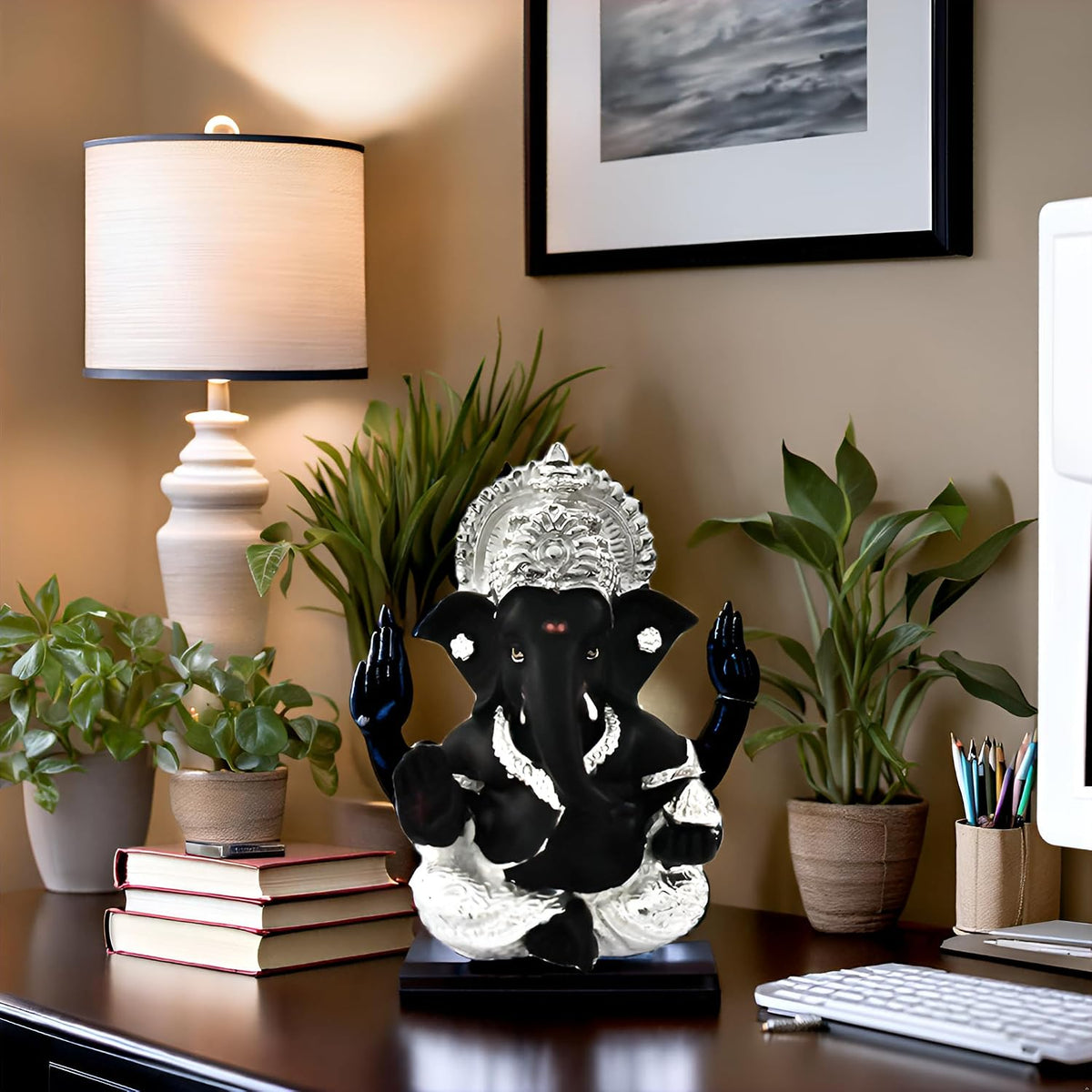 999 Silver Plated Ganesha Idol for Home Decor Puja |Ganesh Idol for Home Decor Ganpati for Gift 3.5 inches |Ganesh Statue Gift for Office Desk Puja Room Figurine (8.89 x 5.08 cm) (Black)