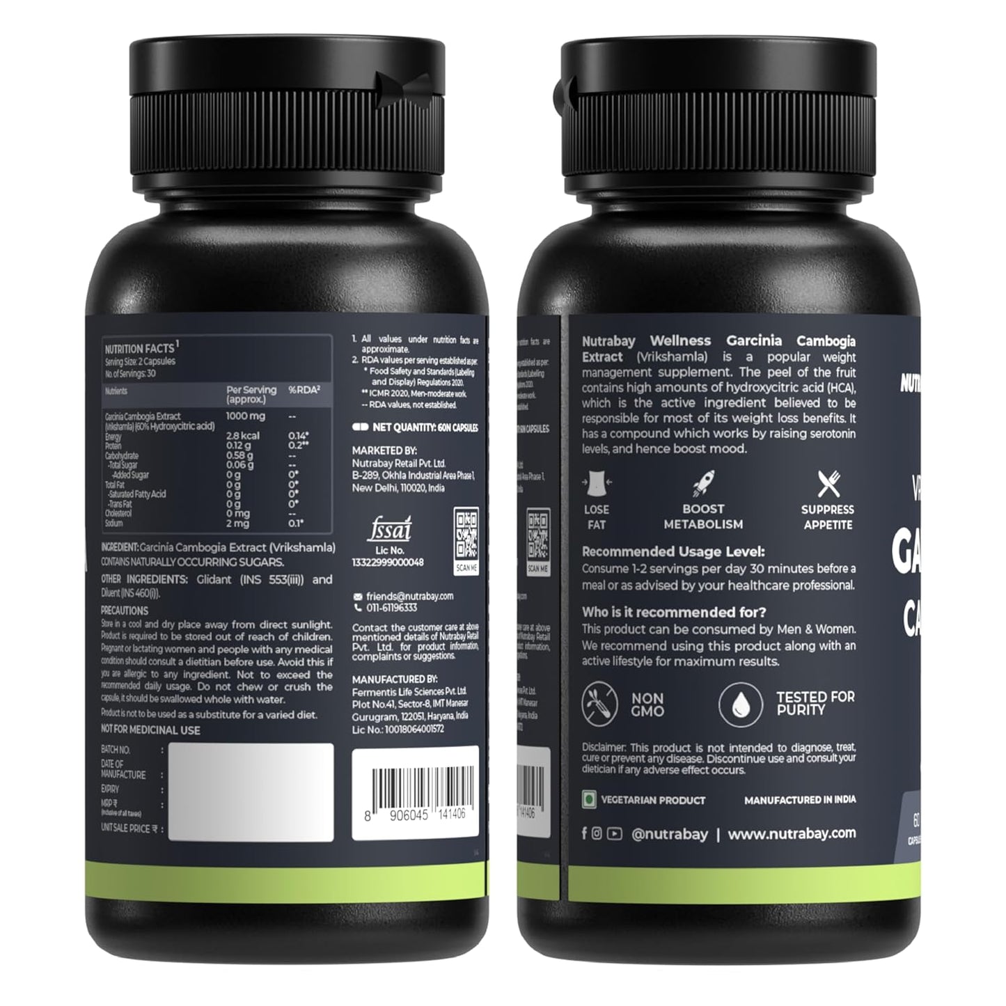 Two black supplement bottles with labels on a white background