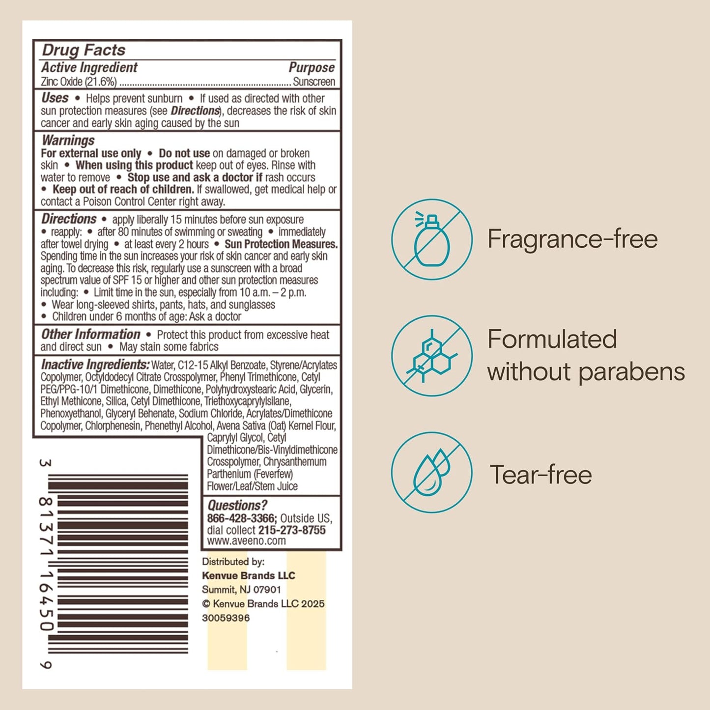 Aveeno Kids Continuous Protection Zinc Oxide Mineral Sunscreen Lotion for Children's Sensitive Skin with Broad Spectrum SPF 50, Tear-Free, Sweat- & Water-Resistant, Non-Greasy, 3 fl. oz