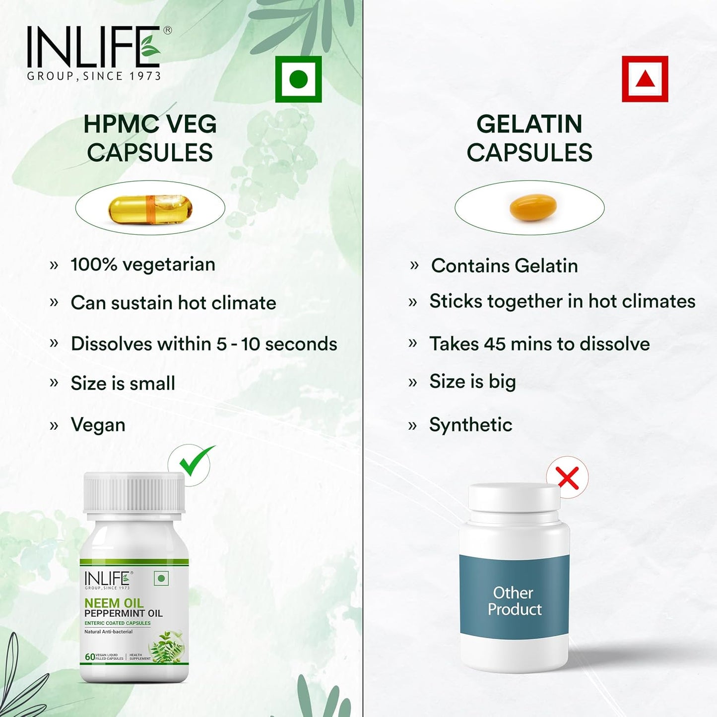 INLIFE Neem Oil 350mg with Peppermint Oil 150mg | Digestive Health & Skin, Hair Care Supplement | Enteric Coated Capsules – 60 Liquid Filled Vegetarian Capsules (Pack of 1, 60)