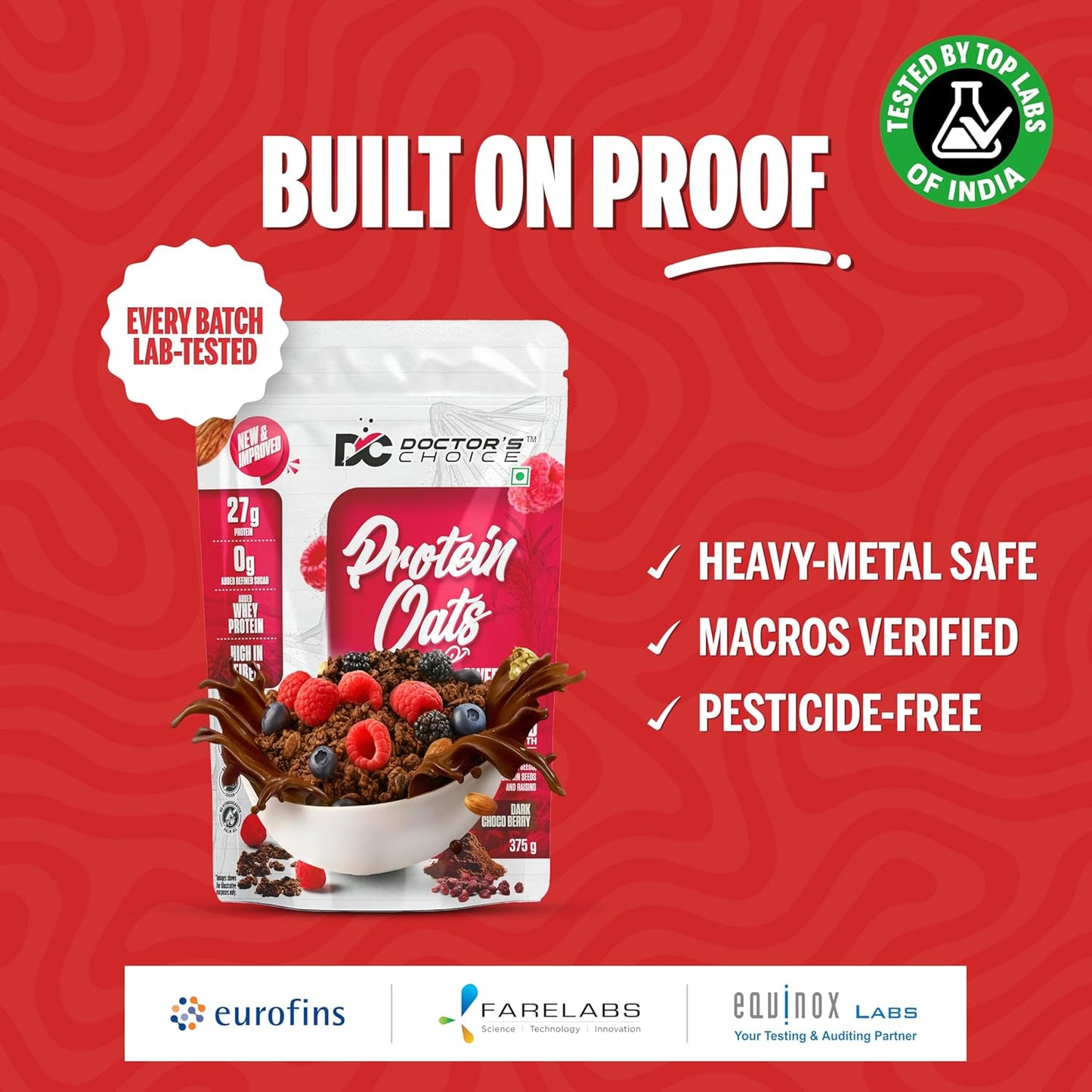 Doctors Choice High Protein Oats 375g | 27g Protein Oatmeal | Dark Choco Berry Flavor | No Added Sugar | Gluten Free | High Fiber Healthy Breakfast Oats