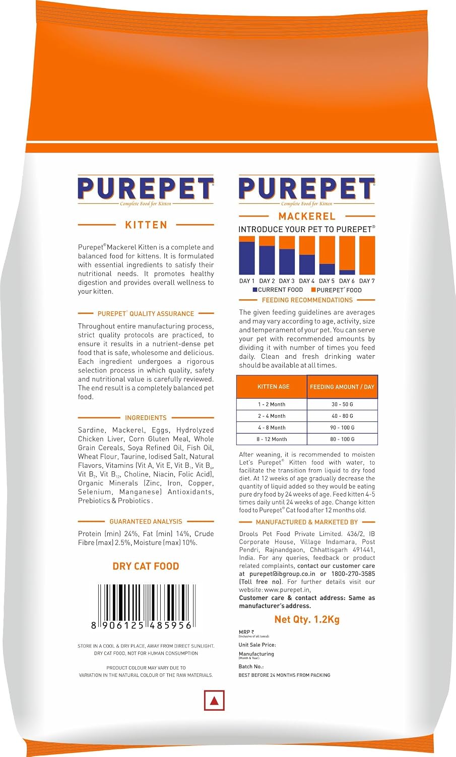 Purepet Kitten Dry Cat Food 1.2kg Pack | Mackerel Flavour | Active Behaviour | Hairball Control |Urinary Tract Health | Nutrient Rich | Minerals