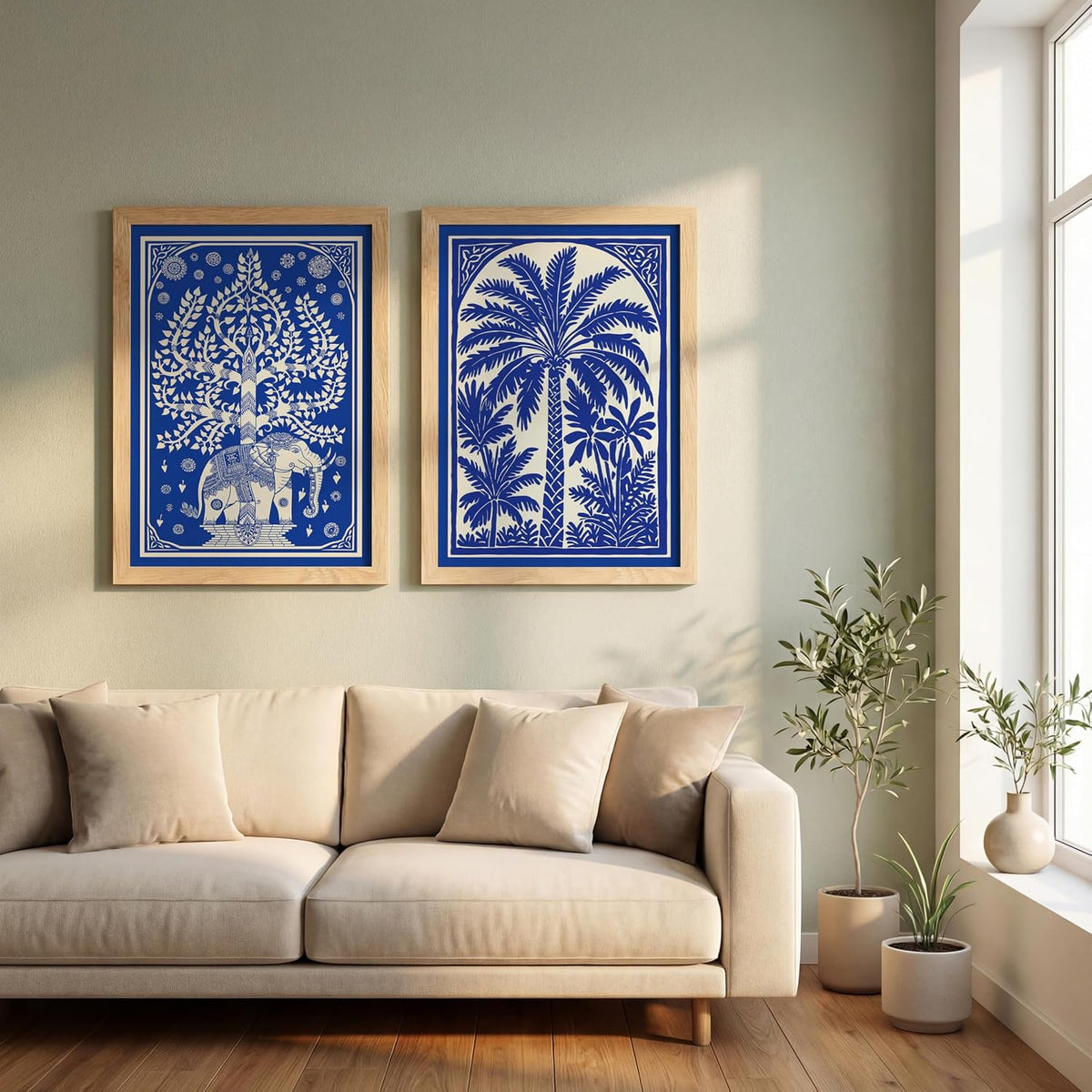 Blue White Elephant Tree of Life Wall Art Painting | Set of 2 Framed Paintings | Indian Folk Art Decor for Living Room Bedroom Home Office | (ART 10, 13x19 INCHES)