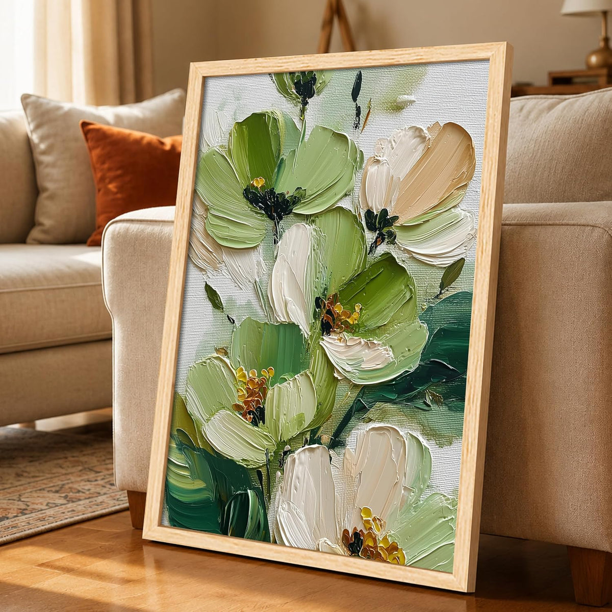 Modern Abstract 3D Textured Floral Painting for Living Room, Green & White Flower Motifs Rectangular Shape Framed Wall Painting for Home Decor (Size: 8x12 Inch)