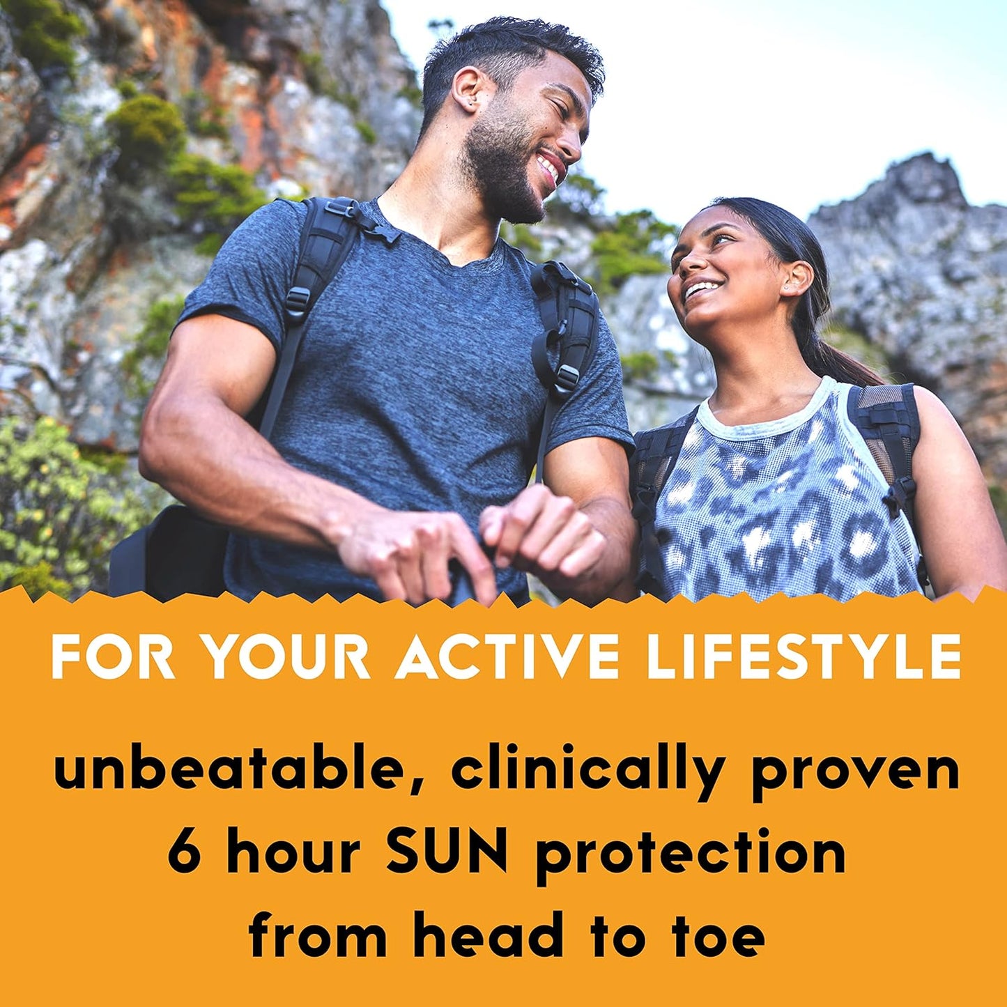 Two people hiking with text about sun protection