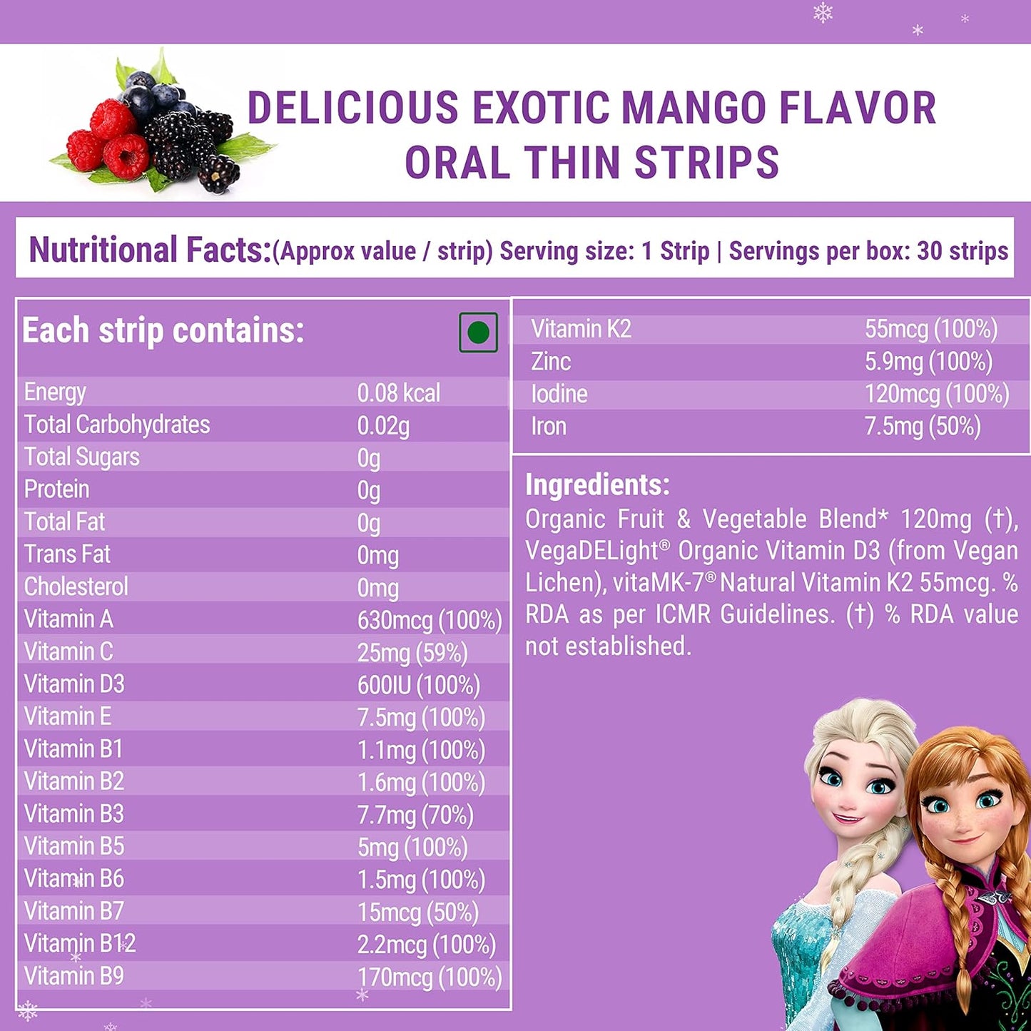 Wellbeing Nutrition Disney Frozen Melts® Multivitamins for Kids (6+) | 100% RDA Vegan Kids supplements for Growth & Development | Vitamins A, B-Complex, C, D & Iron | Tropical Berry | 30 Oral Strips