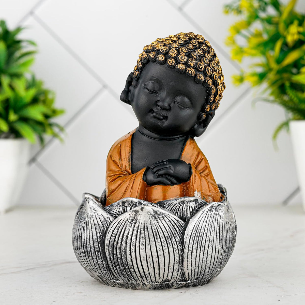 Laughing Buddha Baby Monk Idol Statue Showpiece Home Decor Items for Living Room and Gifts (Brown Black)