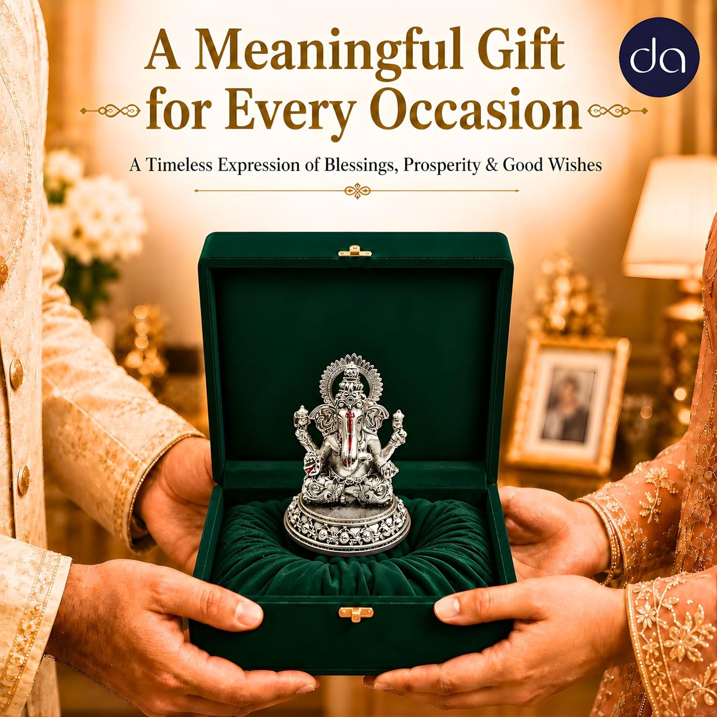 Dev Aastha Silver Plated Four-Armed Ganesh Idol - 3.5 Inch Divine Seated Ganpati Statue with Detailed Halo for Car Dashboard, Pooja Room and Mandir - Auspicious Vastu Home Decor and Spiritual Gift