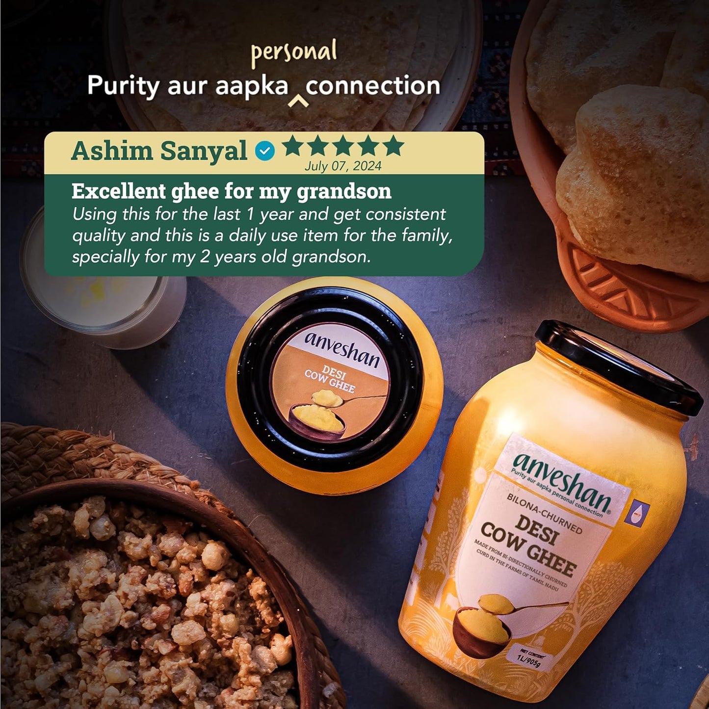 Anveshan A2 Cow Ghee 500ML | Desi Ghee in Glass Jar | Bilona Method | Grass-Fed | Curd-Churned | Cultured Ghee | Pure, Natural, Healthy | Keto-Friendly | Lab Tested