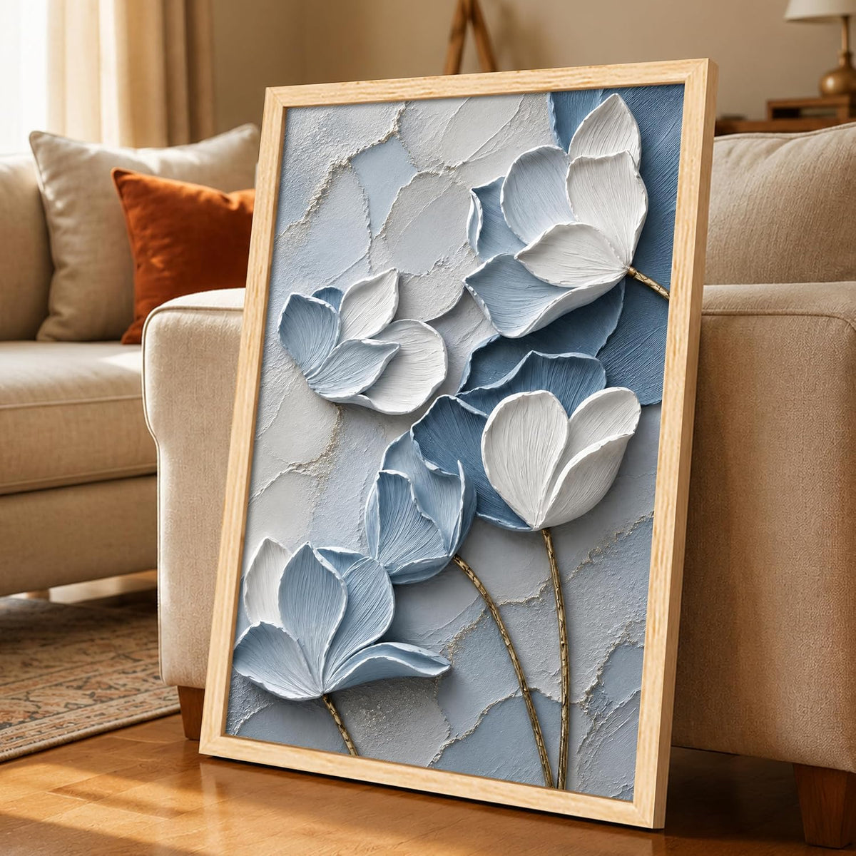 Modern Abstract 3D Textured Floral Painting for Living Room, Blue & White Magnolia Motifs Rectangular Shape Framed Wall Painting for Home Decor (Size: 8x12 Inch)