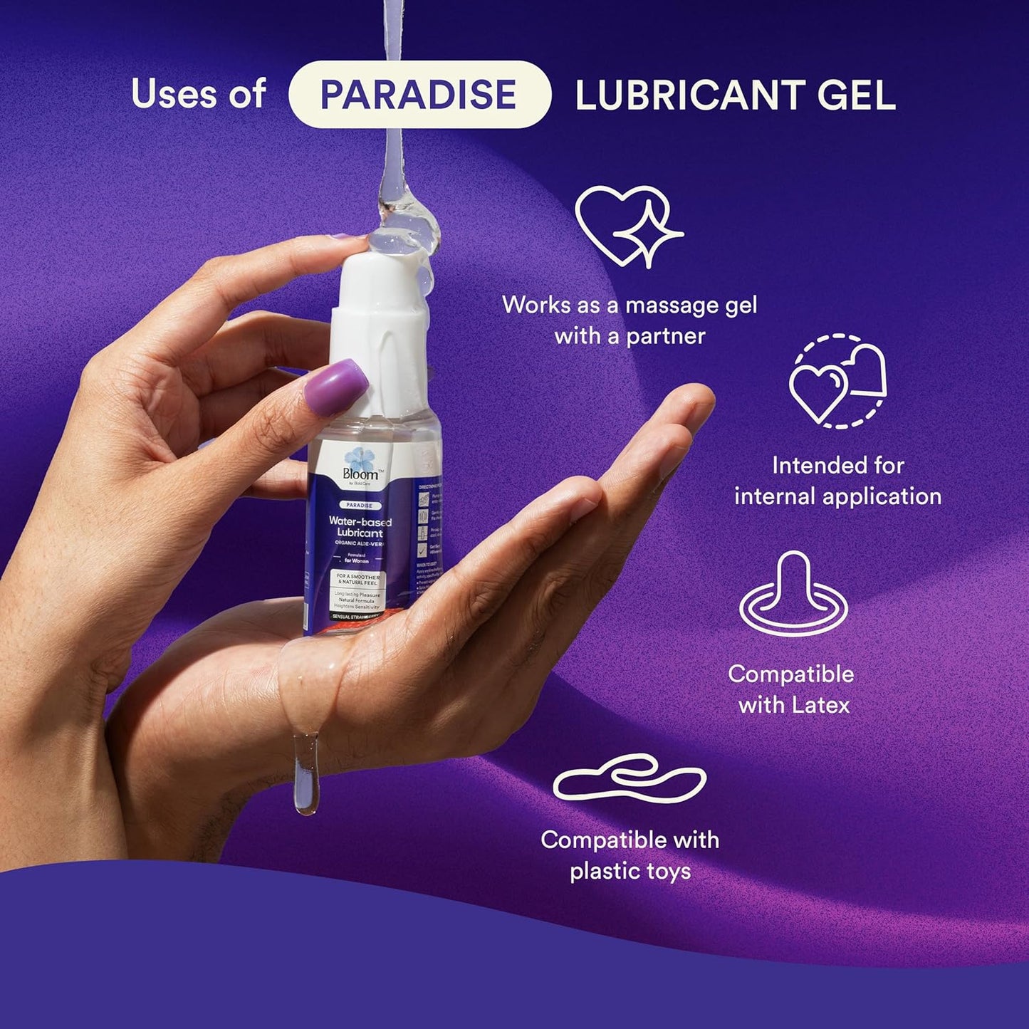 Bloom Water-Based Lubricant & Massage Gel | (50 ml) | For Long-lasting Painless Experiences | Non-Staining Lube for Dryness | Non-Sticky & pH Balanced Formula | Strawberry Flavour