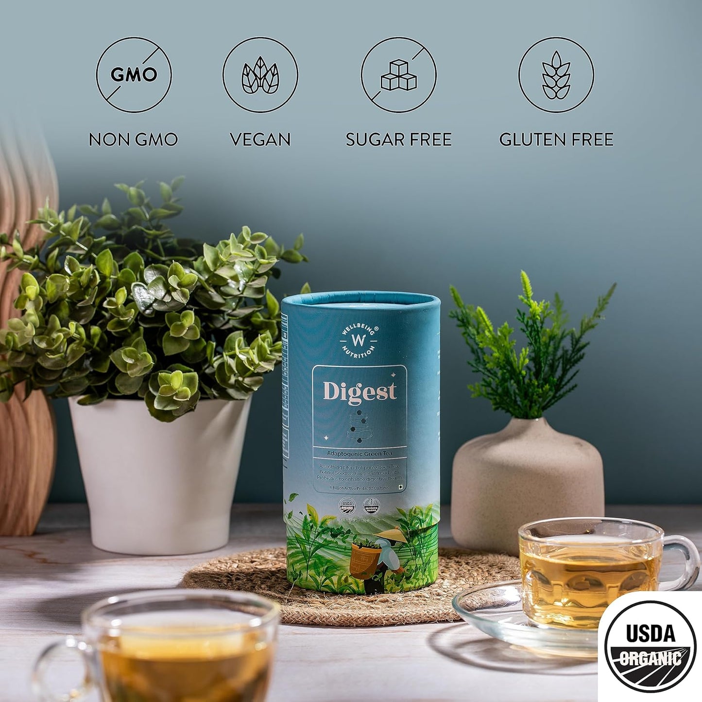 Wellbeing Nutrition Digest Green Tea | Digestive Tea with Probiotics, Digestive Enzymes, 8 Billion CFU & Fennel Seeds for better Digestion, Bloating, Gas and Acidity relief (40 Pyramid Tea Bags)
