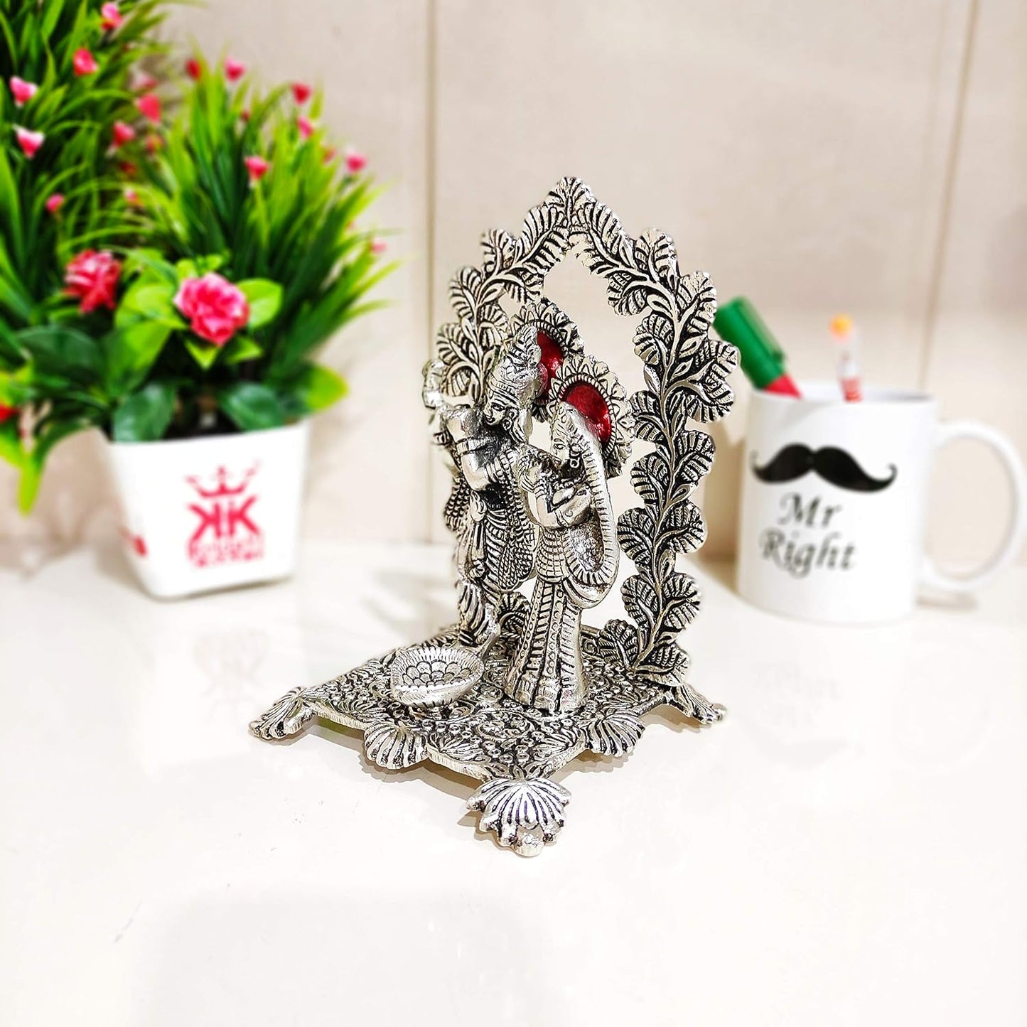 KridayKraft Metal Radha Krishna Idol Statue with Silver Antique Finish so Looks Very Beautiful and use for the Purpose of Worship and Decorative for Home,Office&Table Gift for Birthday