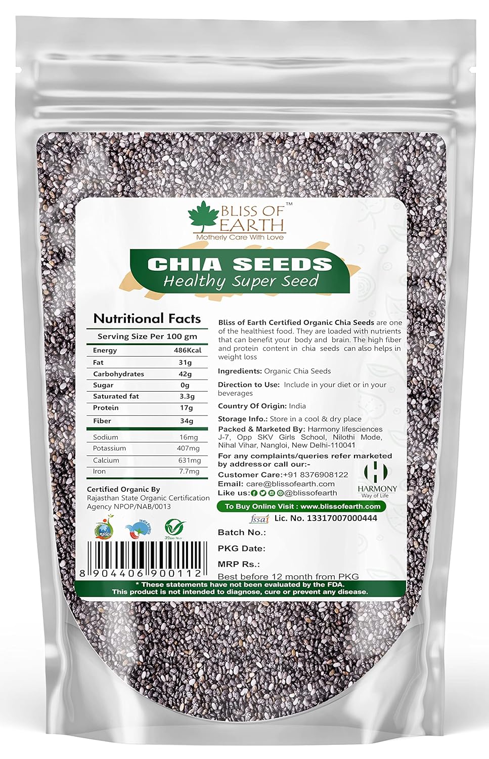 Bliss of Earth Chia Seeds 500g - Organic Raw For Weight Management - Raw Super Food With Omega & Fiber