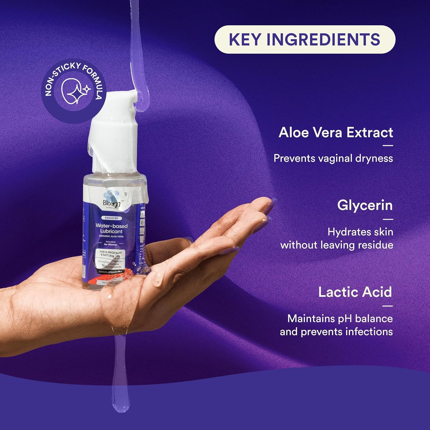 Bloom Water-Based Lubricant & Massage Gel | (50 ml) | For Long-lasting Painless Experiences | Non-Staining Lube for Dryness | Non-Sticky & pH Balanced Formula | Strawberry Flavour