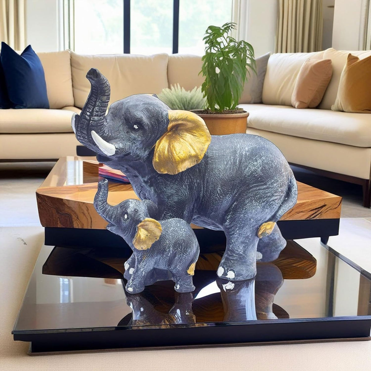 Polyresin 6" Elephant with Baby Statue for Home Decor – Vastu & Feng Shui Good Luck Symbol – Decorative Showpiece for Entryway, Living Room, Office, Gift (Black)
