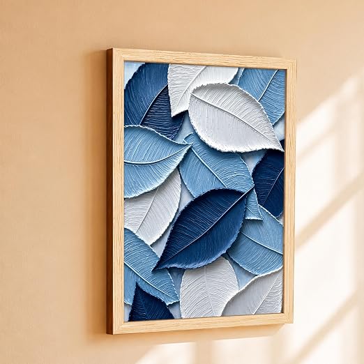 Modern Abstract 3D Textured Embossed Leaf Painting for Living Room, Shades of Blue Leaf Motifs Rectangular Shape Framed Wall Painting for Home Decor (Size: 13x17 Inch)