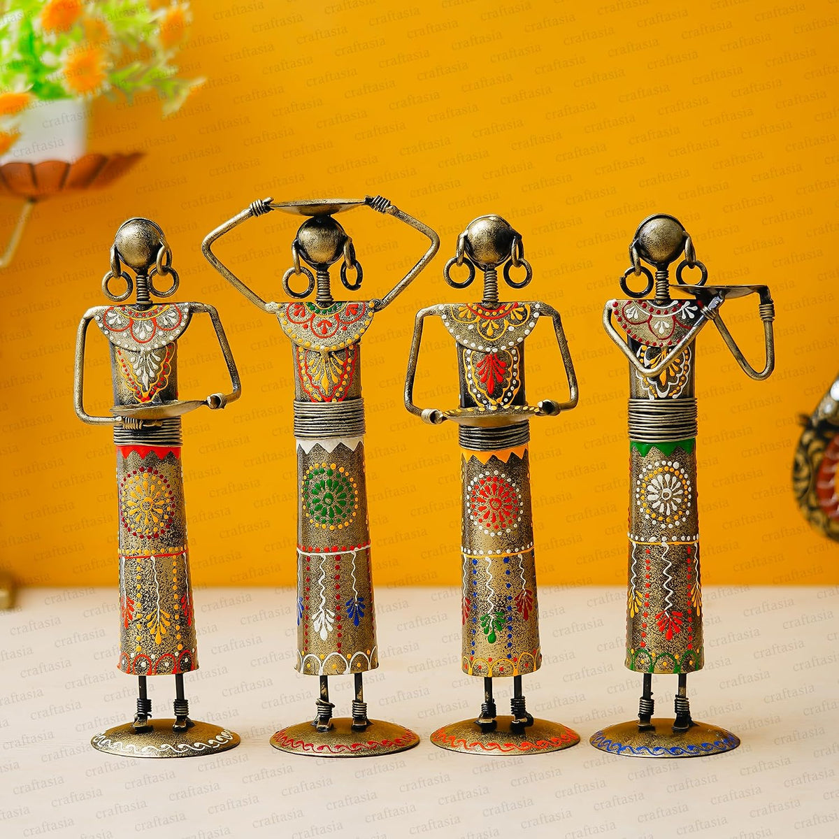Handcrafted Tribal Figurine Set of 4 | Metal Iron Showpiece for Home Decor | Hand-Painted Ethnic Tribal Art Statues | Traditional Indian Decorative Figurines for Living Room, Office & Gifting