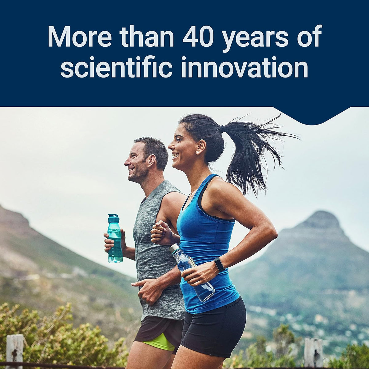 Two people running outdoors with text about scientific innovation