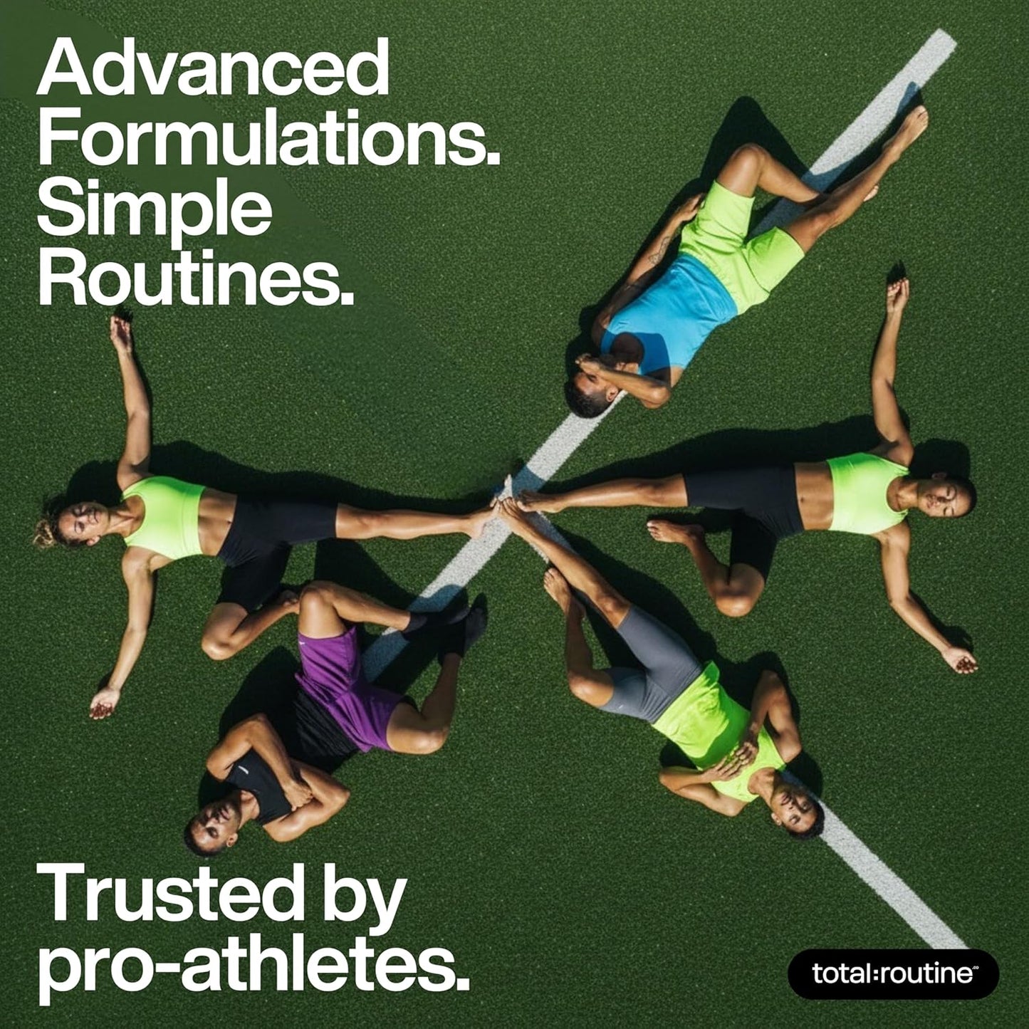 People in athletic wear lying on a green field with text about advanced formulations and trusted by pro-athletes.