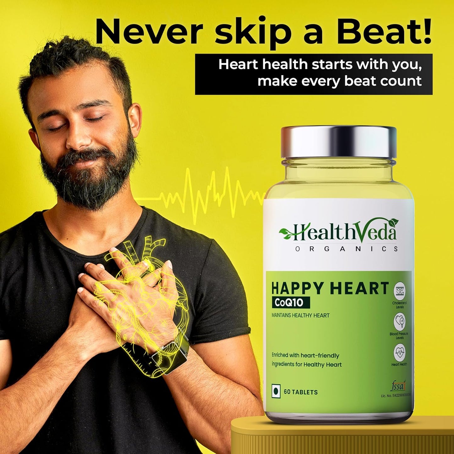 Zephivo HEALTH VEDA ORGANICS PRIVATE LIMITED Happy Heart Supplement With Coq10, Arjuna Bark, Grape Seed | 60 Veg Tablets | Supports Heart Health & Enhances Blood Circulation | For Both Men & Women