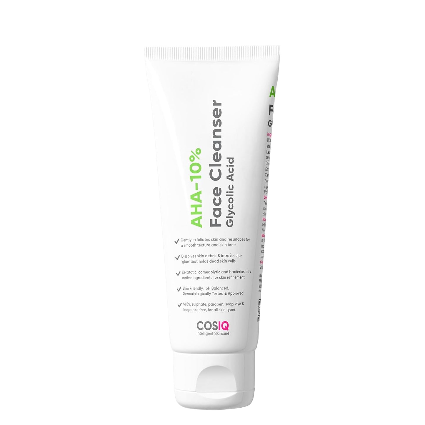 CosIQ AHA-10% Face Cleanser tube on a white background