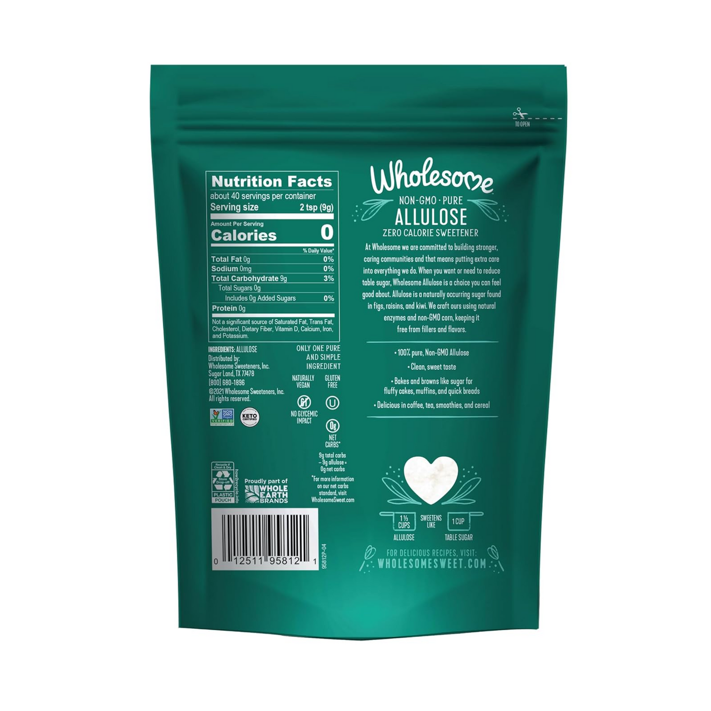 Wholesome Sweeteners 12-Ounce Allulose Sweetener, Zero Calorie Sugar Substitute, Keto Friendly, Non GMO, Non-Erythritol, Gluten Free & Vegan Sweetener, 1 Pack