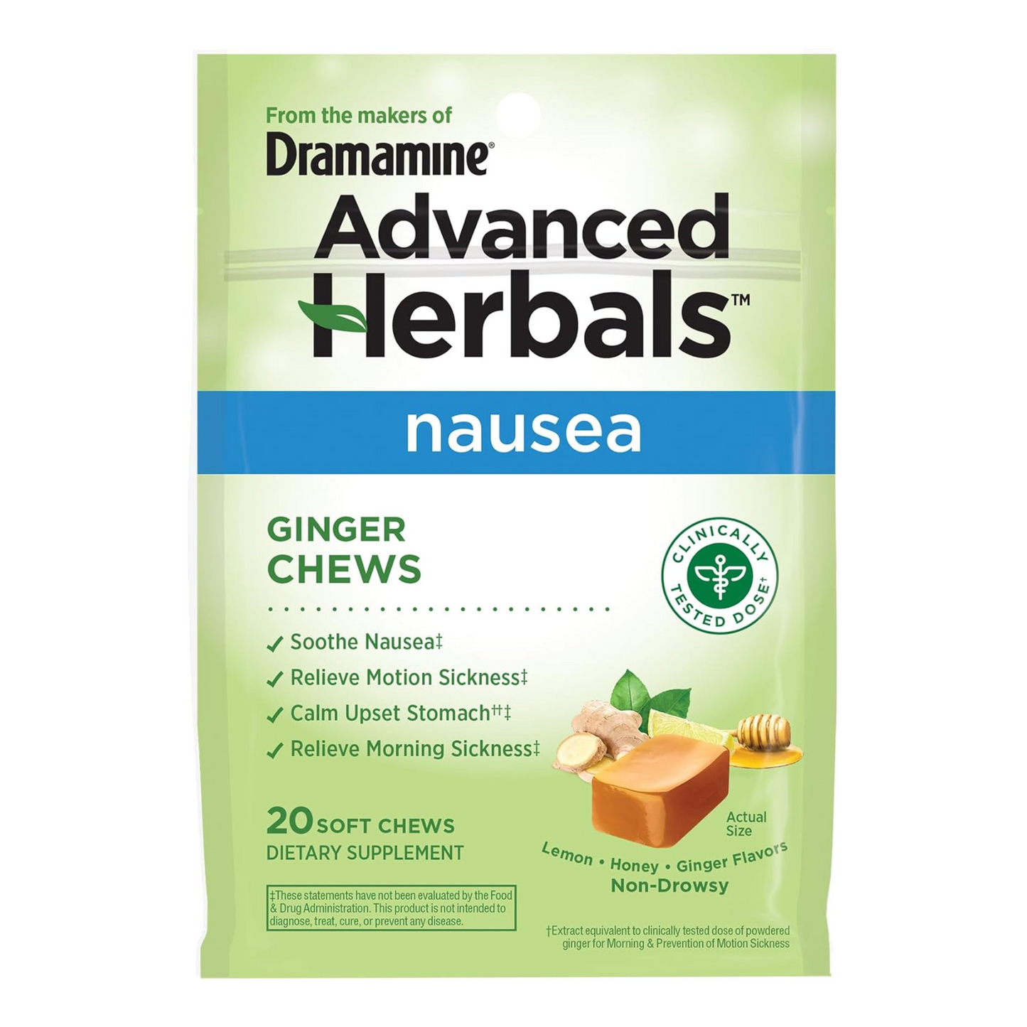 Dramamine, Advanced Herbals, Ginger Chews, Nausea Relief Soft Chews Lemon-Honey-Ginger, 20 Count
