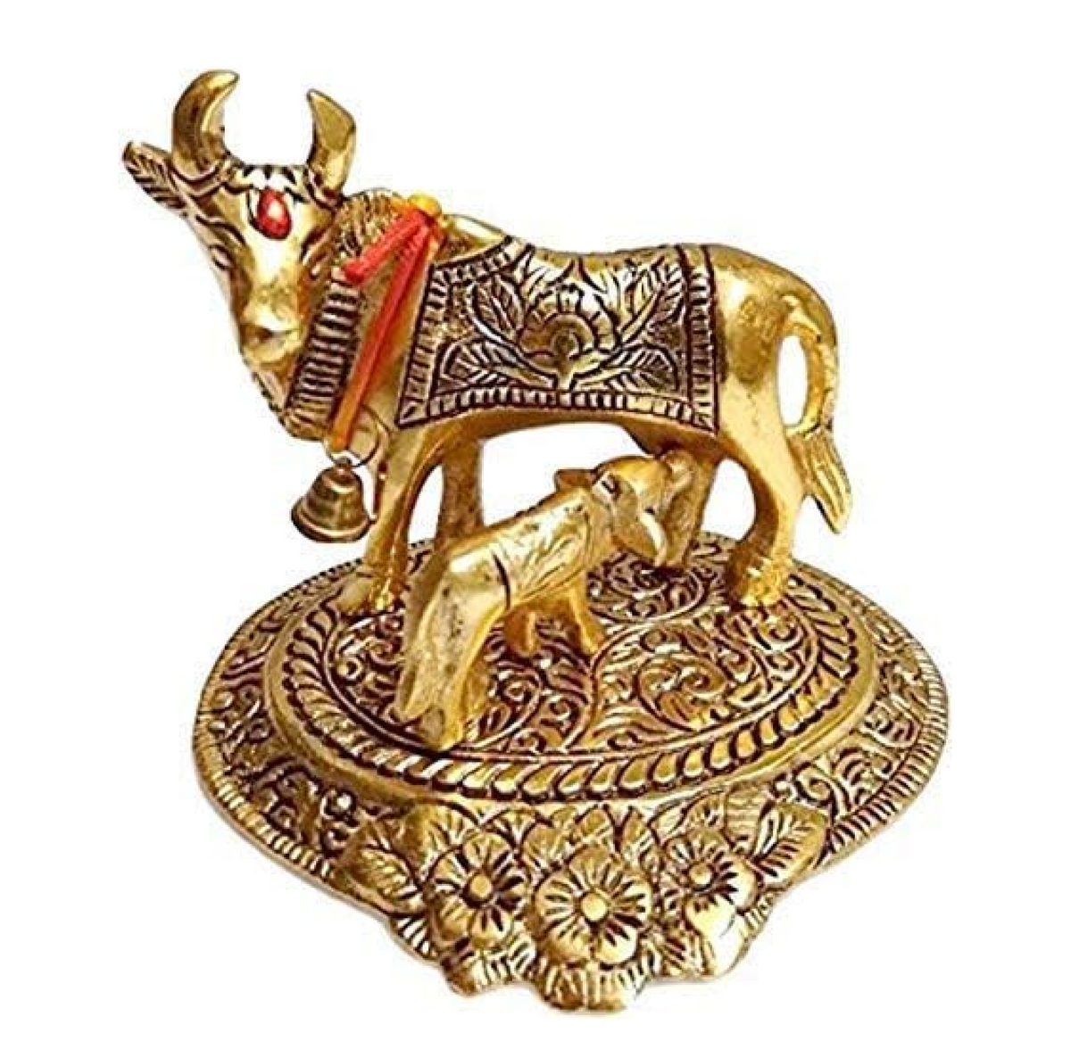 Brass Golden Kamdhenu Cow with Calf | Spiritual Vastu Nandi Pooja Figurine Sculpture | Vastu Gau MATA Idol | Kamdhenu Cow & Calf Idol for Home and Office