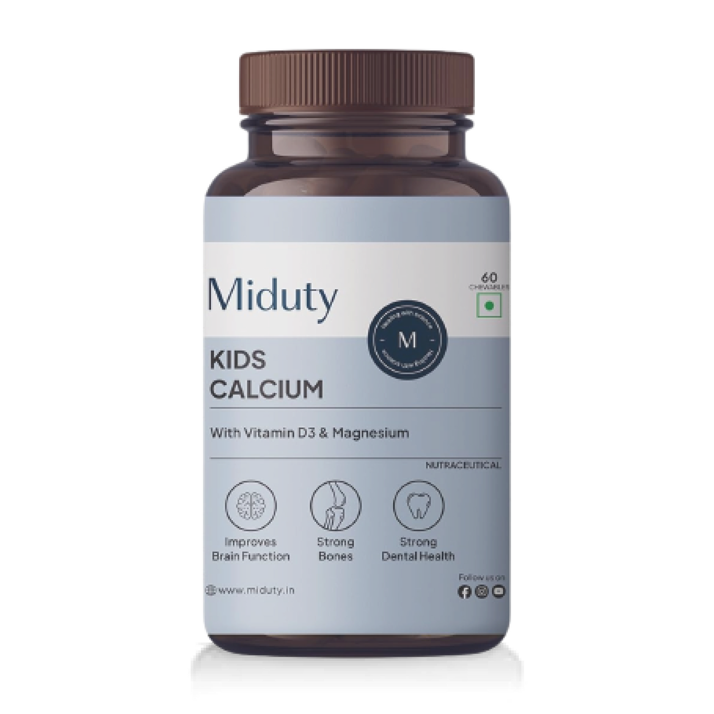 Zephivo Miduty by Palak Notes Kids Calcium with Vitamin D3 - K2 Magnesium No Sugar Added for Strong Bones, Brain Function, Immunity Booster, Strong Teeth Calcium Supplement Kids Multivitamin - 60 Chewables