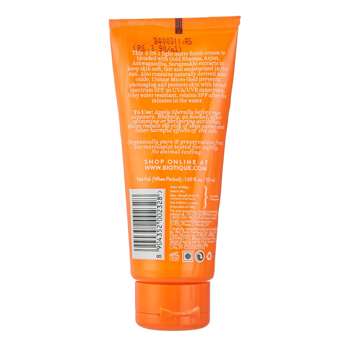 Orange tube of sunscreen with text and branding on a white background