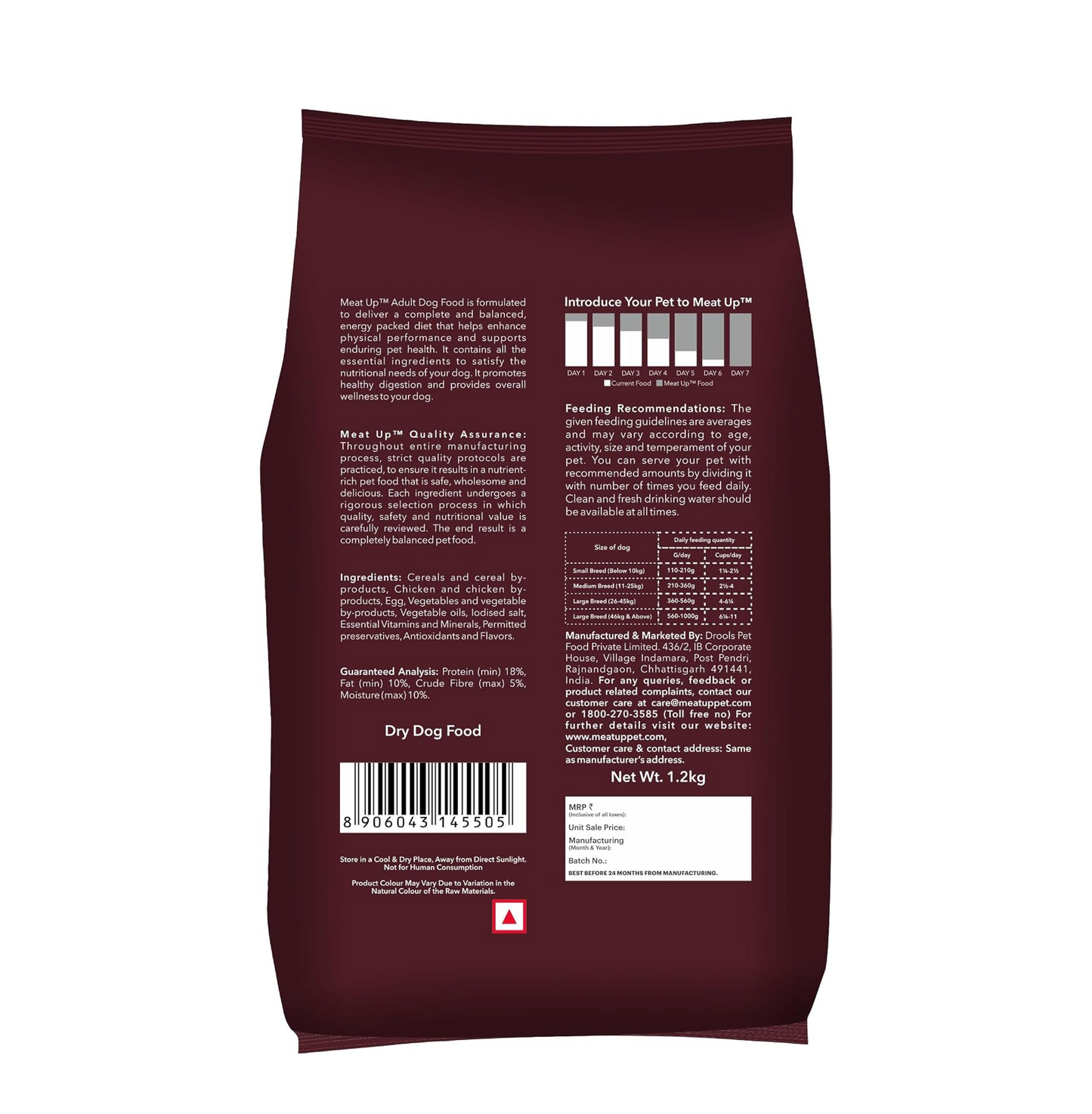 Meat Up Adult Dry Dog Food 1.2kg | Chicken Flavour | Healthy Skin & Coat | Antioxidants | Enriched with Vitamins & Minerals