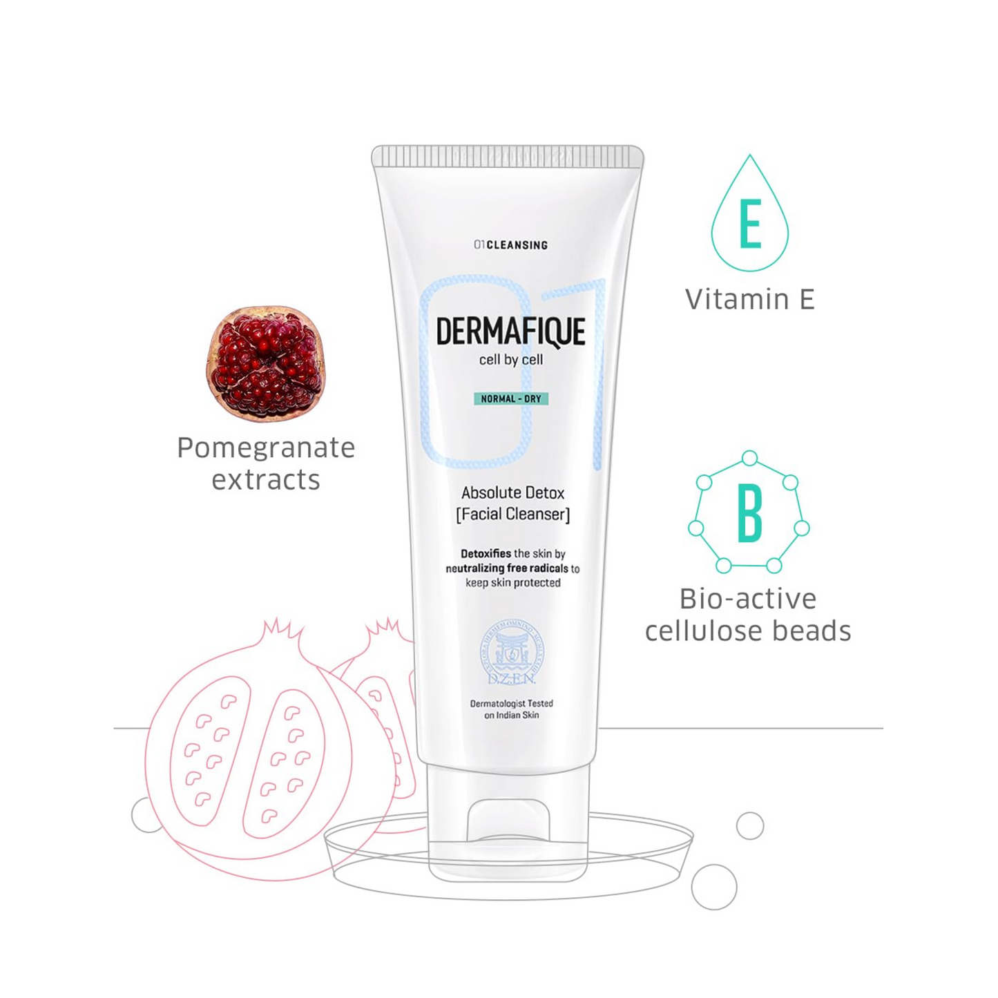 Dermafique Absolute Detox Facial Cleanser – 100ml, with Bio-Active Cellulose Beads, Face Wash Enriched with Vitamin E & Pomegranate Extracts | Soap, Paraben & Alcohol Free | Dermatologist Tested Face Cleanser