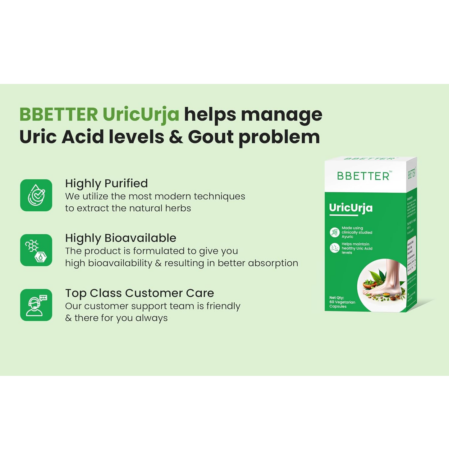 BBETTER UricUrja - Lab Tested Ayurvedic Medicine for Uric Acid Levels Management | Supports Kidney Health | Gout Pain Relief Medicine | 60 Capsules for Healthy Uric Acid Levels
