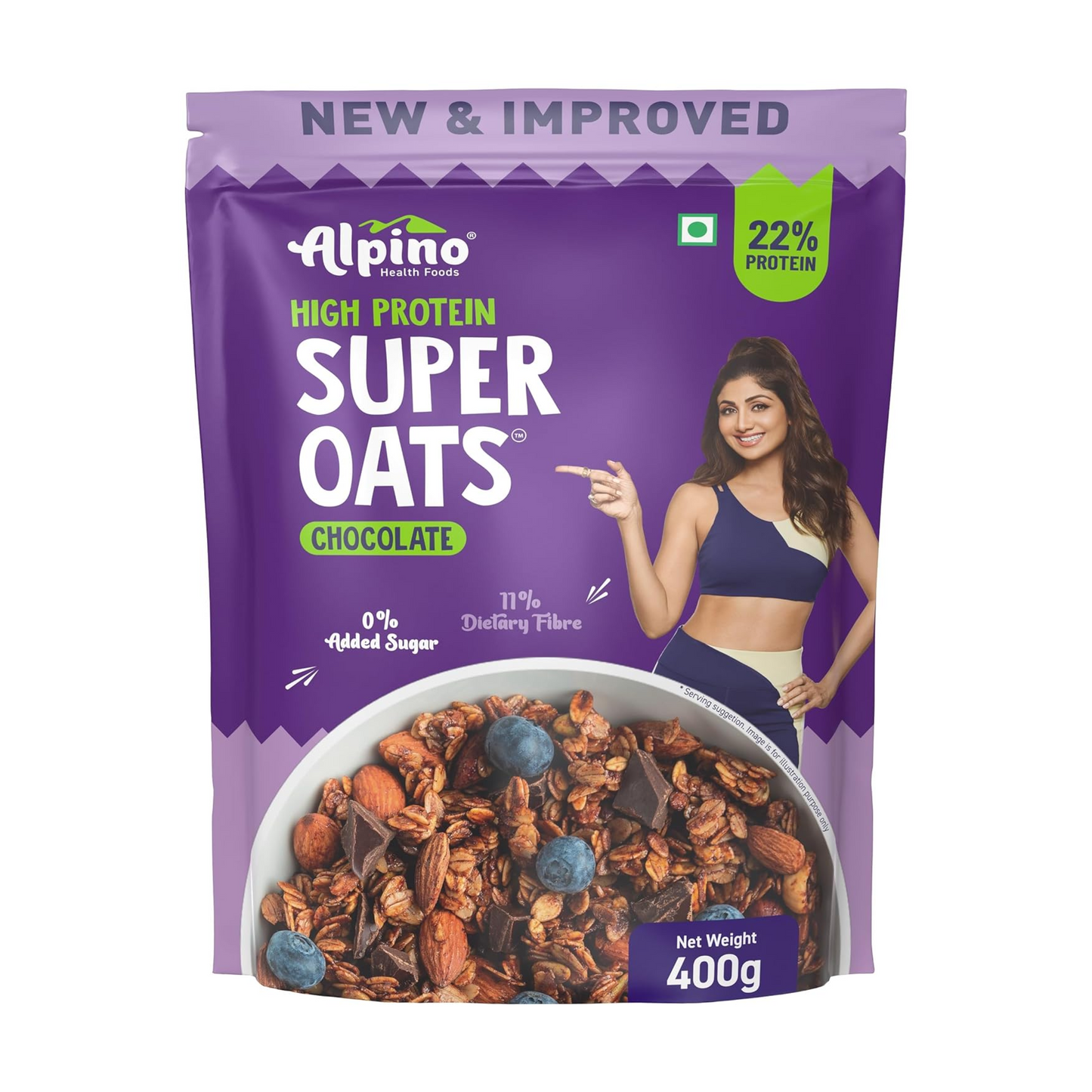 ALPINO 22% High Protein Super Oats Chocolate 400g – Rolled Oats, Natural Peanut Butter, Cocoa Powder, Nuts & Seeds – 22g Protein, Source of Dietary Fibre & Healthy Fats, No Added Sugar & Salt