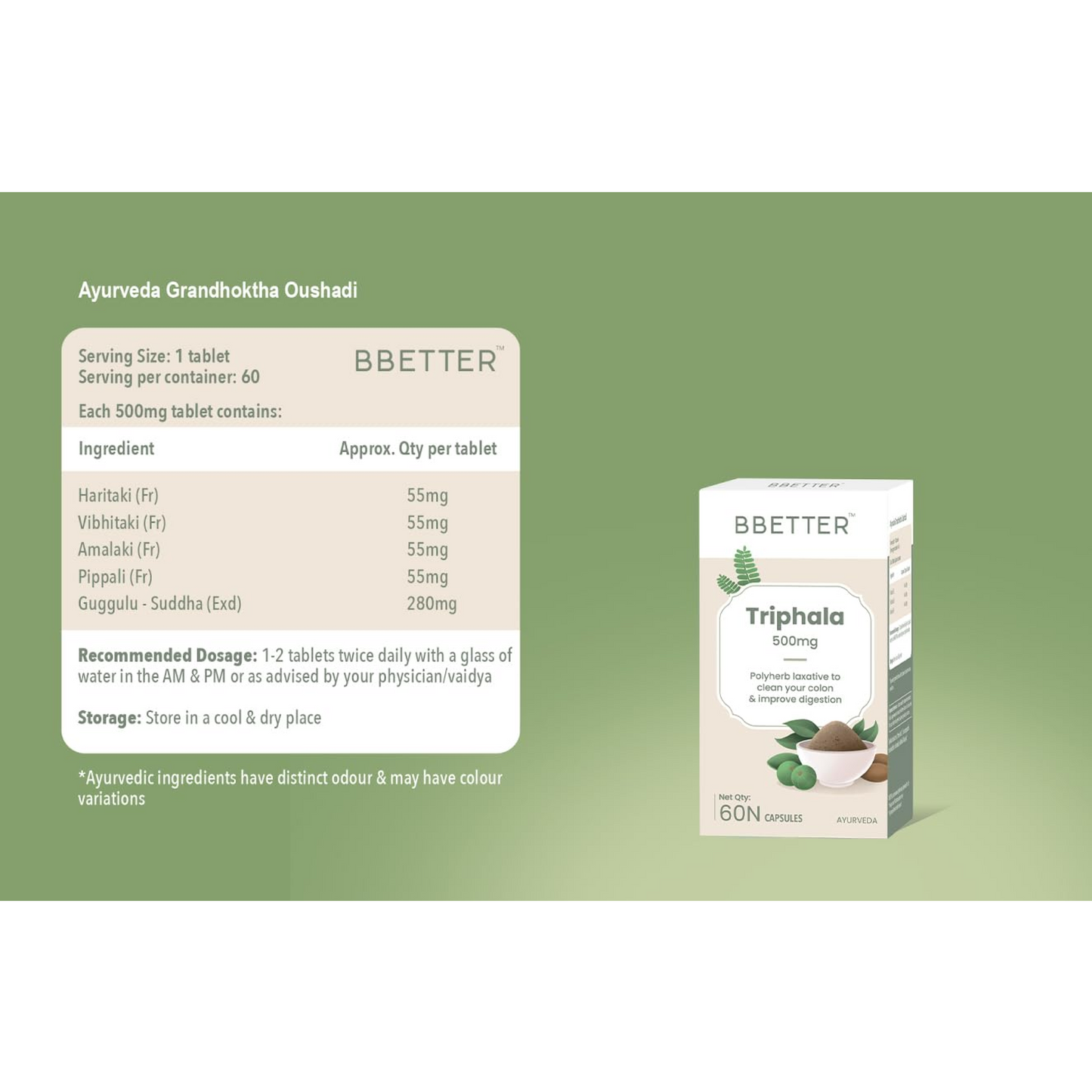BBETTER Triphala 500mg-Improves Gut Health, Digestion, Relieves Constipation, Supports Bowel Wellness & colon cleansing