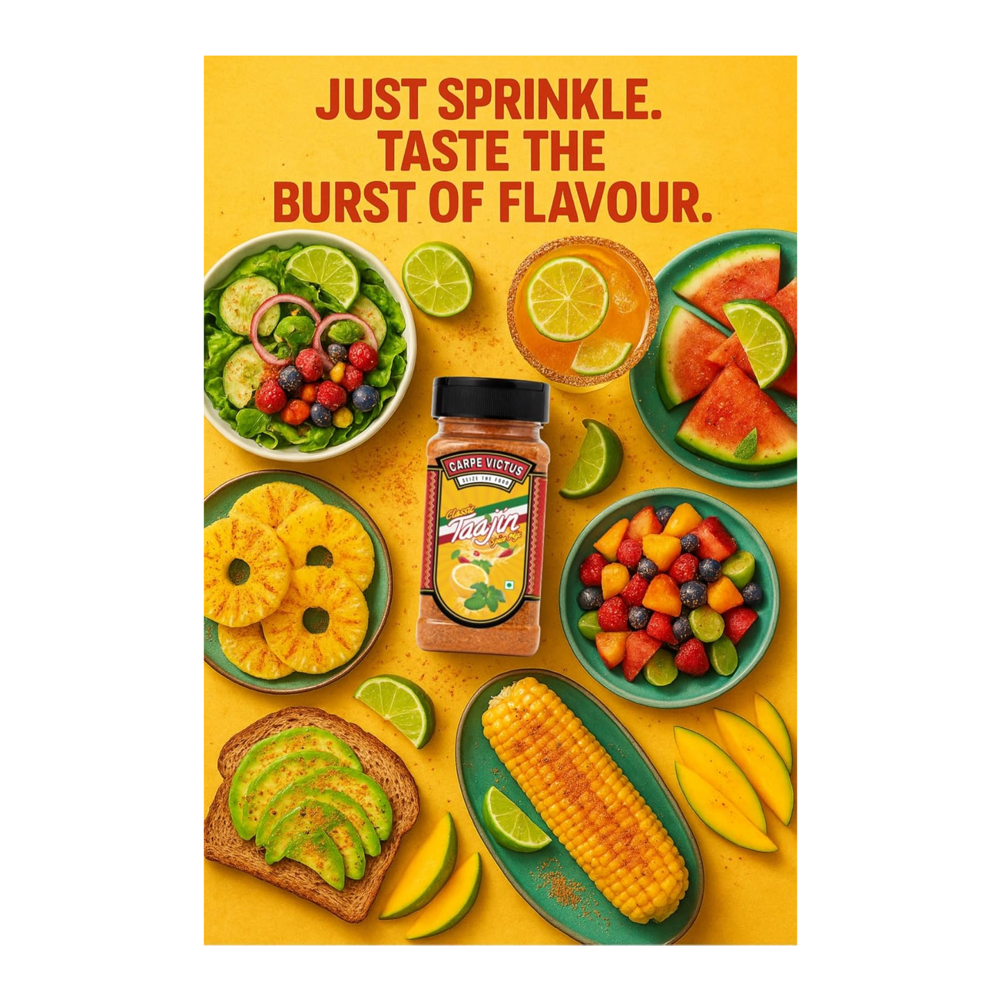 Carpe Victus Tajin Spice Seasoning -100gms | Chilly & Lemon Spice Blend | Taajin Spice Mix for Juices, Fruits, Cocktails, Salads, Snacks, Chilli Lime Masala for Drinks, Mexican Masalas