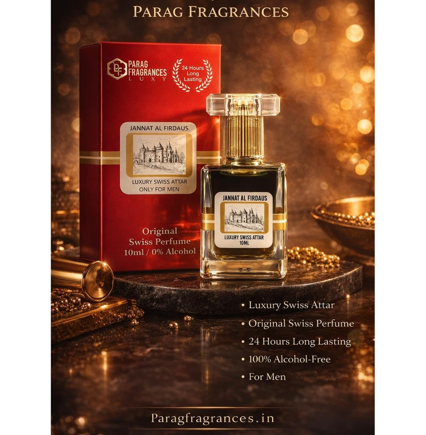 Parag Fragrances Jannat Al Firdaus perfume bottle and packaging on a decorative background