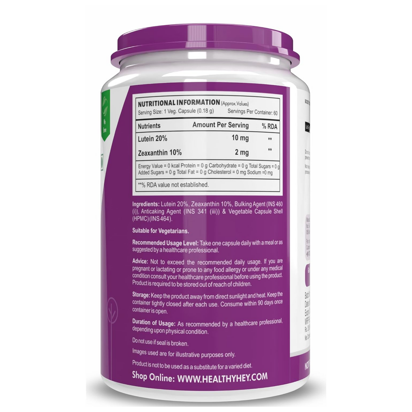 HealthyHey Nutrition Natural Lutein 10mg with 2mg Zeaxanthin - Support Eye Health - 60 Veg. Capsules