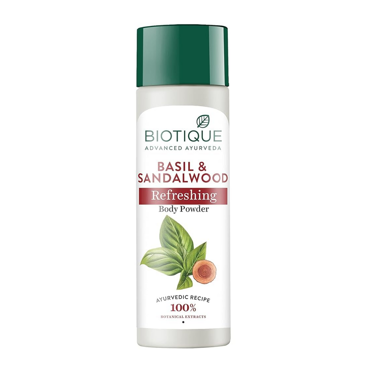 Biotique Basil & Sandalwood Refreshing Body Powder bottle on a white background