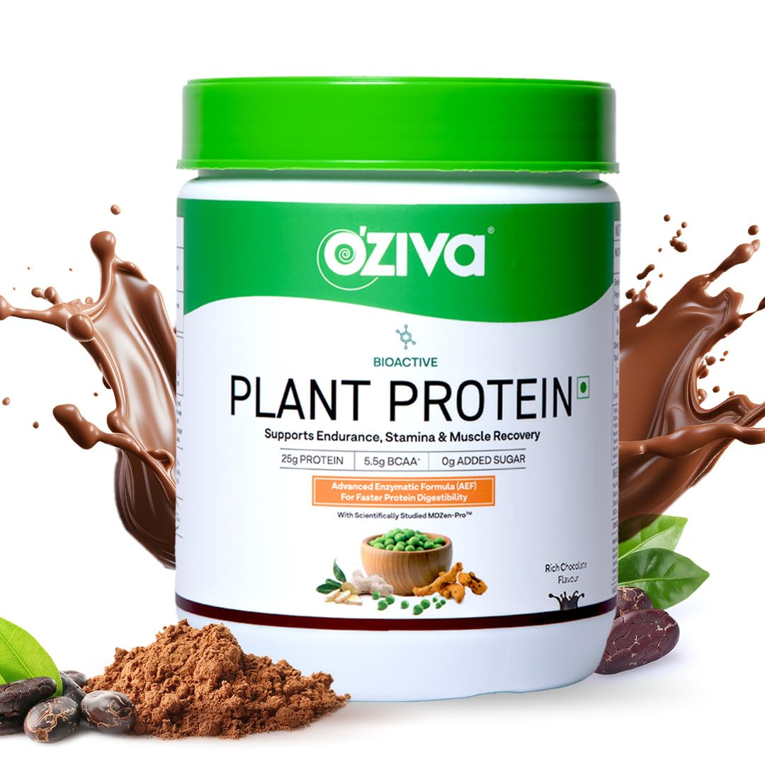 OZiva Bioactive Plant Protein | 25g Protein,5.5 BCAA| Pea Isolate| Plant based Protein Powder for Women & Men | Essential Amino Acids| Protein supplement, Clean, Sugar free, 500g
